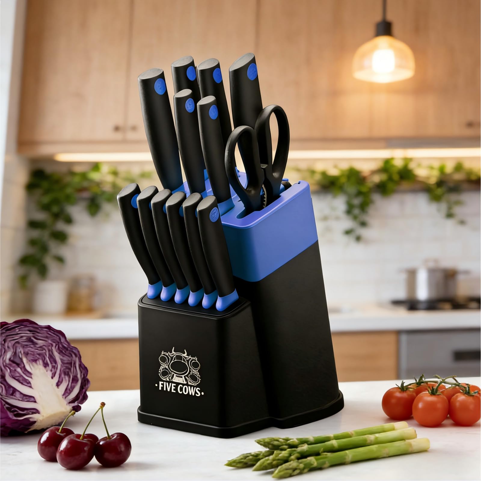 Juego de Cuchillos de Cocina, 14 Piezas, Bloque de cuchillos auto-afilables, con Cuchillos de pan y Tijeras, Mangos Ergonómicos Antideslizantes Para Chef y Uso Doméstico (Azul)