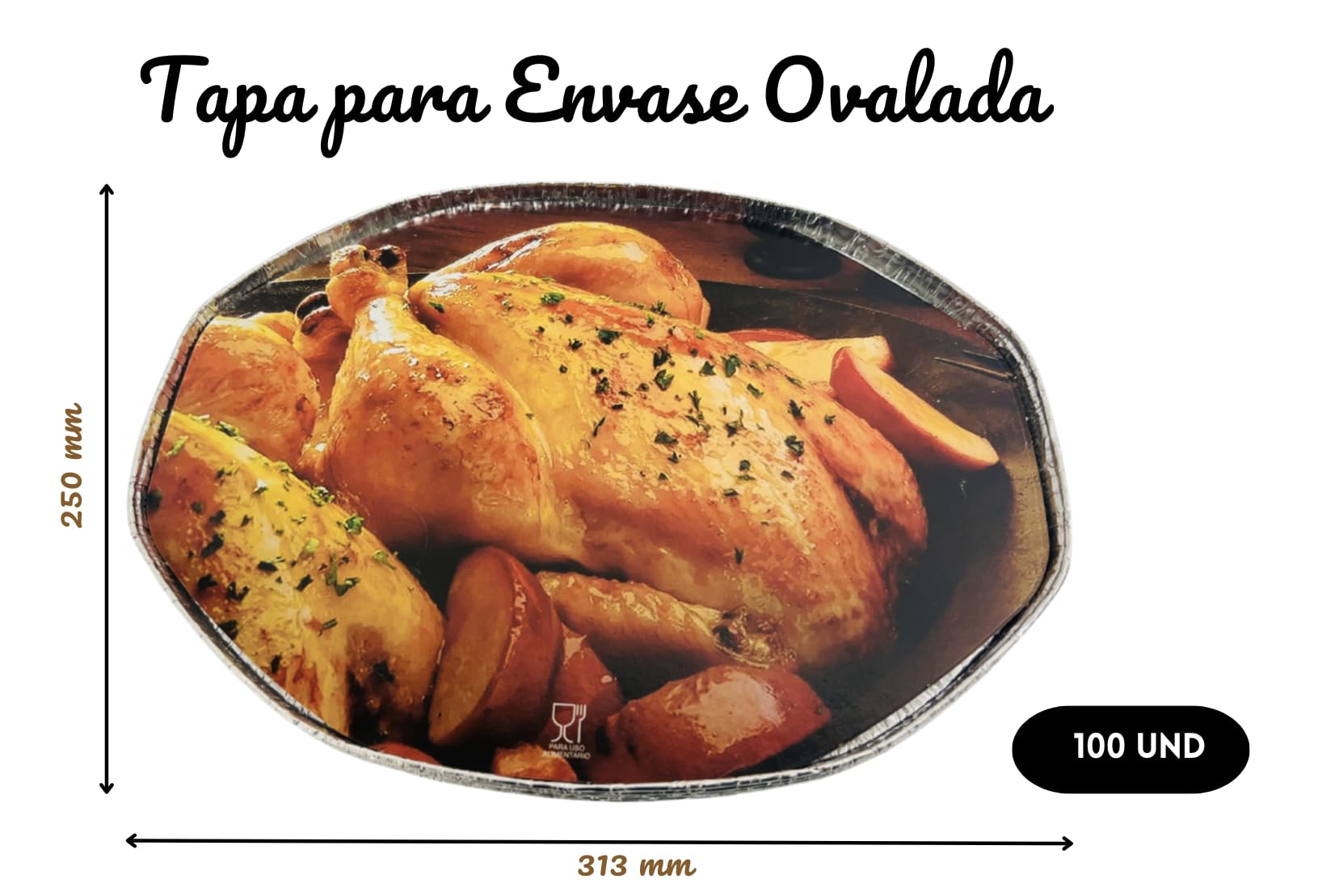 Envases de Aluminio Ovalados con Tapa, Apto para Horno y Microondas, Bandejas Reciclables para Pollo Asado y Comida para Llevar, 256x192x87 MM, 100 Unidades 2600ml