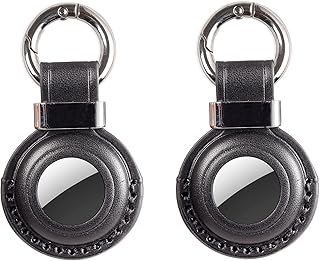 2 Pack KEEPXYZ Genuine Leather Airtag Holder Suitable for Apple Airtag Keychain Leather, Secure Air Tag Holder with Stainless Steel Ring Lock, Durable Airtag Case Cover Key Ring - Black V2.0 (Hole)
