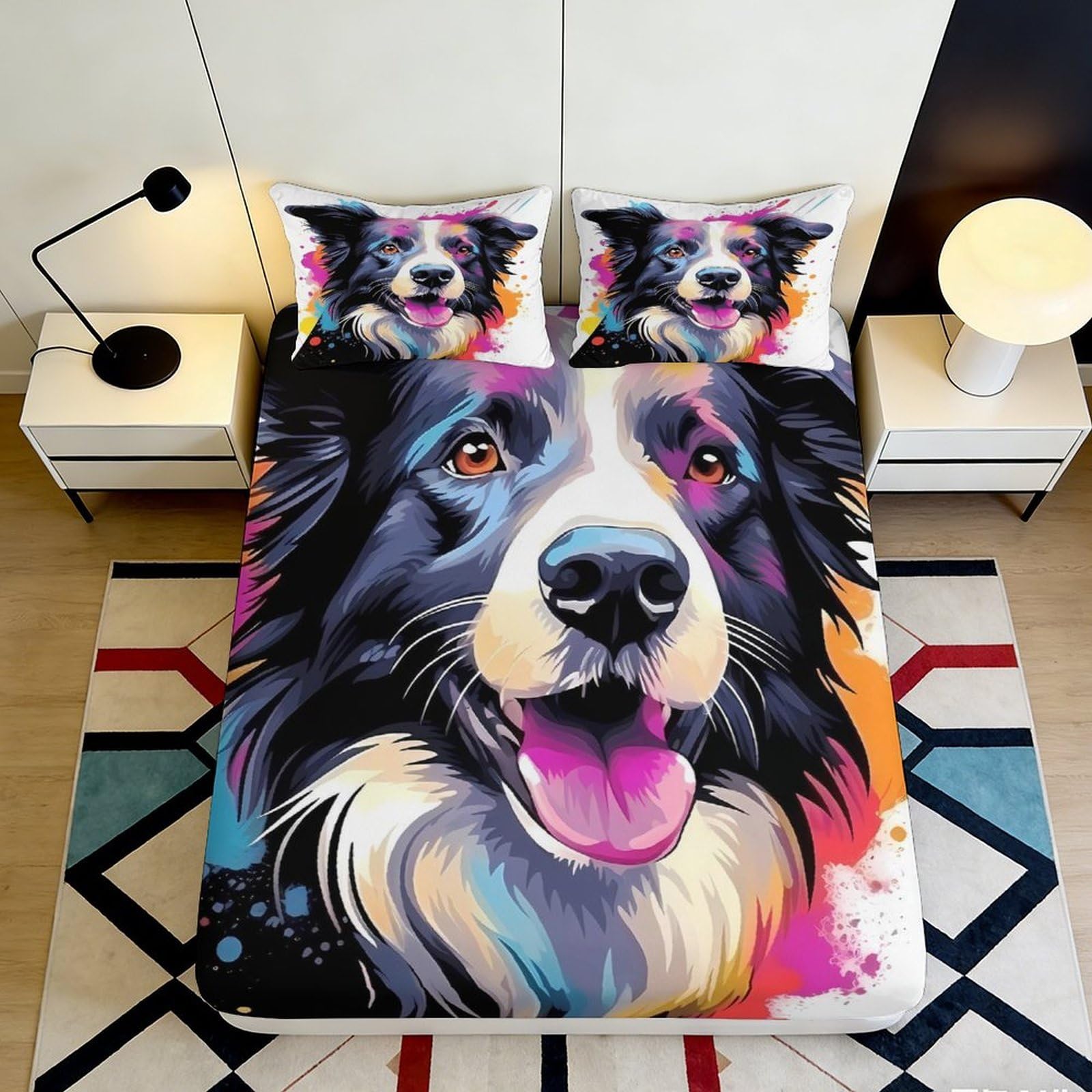 Pnayamiorkfel Style-5 3D Printed Colorful Border Collie Fitted Sheet Microfiber Soft Mattress Cover For Bedroom Dorm Decor Protection 90X200x25cm