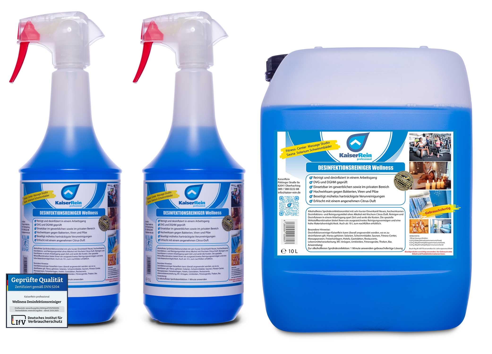 KaiserRein Desinfektionsreiniger Wellness 10 L Kanister inkl. 2 x 1 L Sprühflasche Set Desinfektionsmittel für Oberflächen, Liegen, Türklinken, Fitnessgeräte, Toiletten usw.