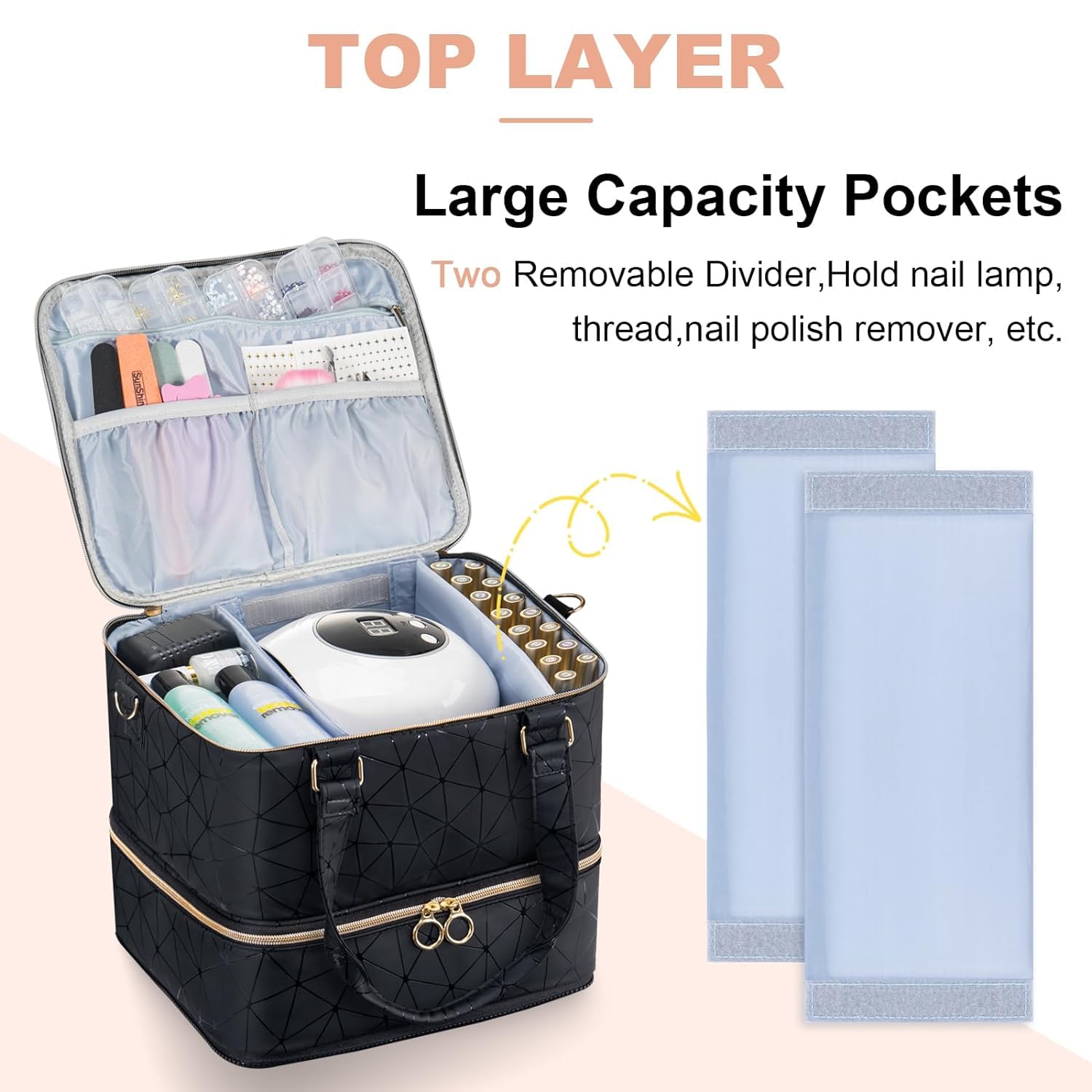 Uross Organizer per unghie per 84 flaconi di smalto e 1 lampada LED per unghie, borsa per la decorazione delle unghie, accessori (nero)