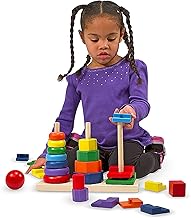 Melissa & Doug 25-Piece Wooden Geometric Stacker Toddler Toy Bundle with 1 Theme Compatible M&D Scratch Fun Mini-Pad 00567