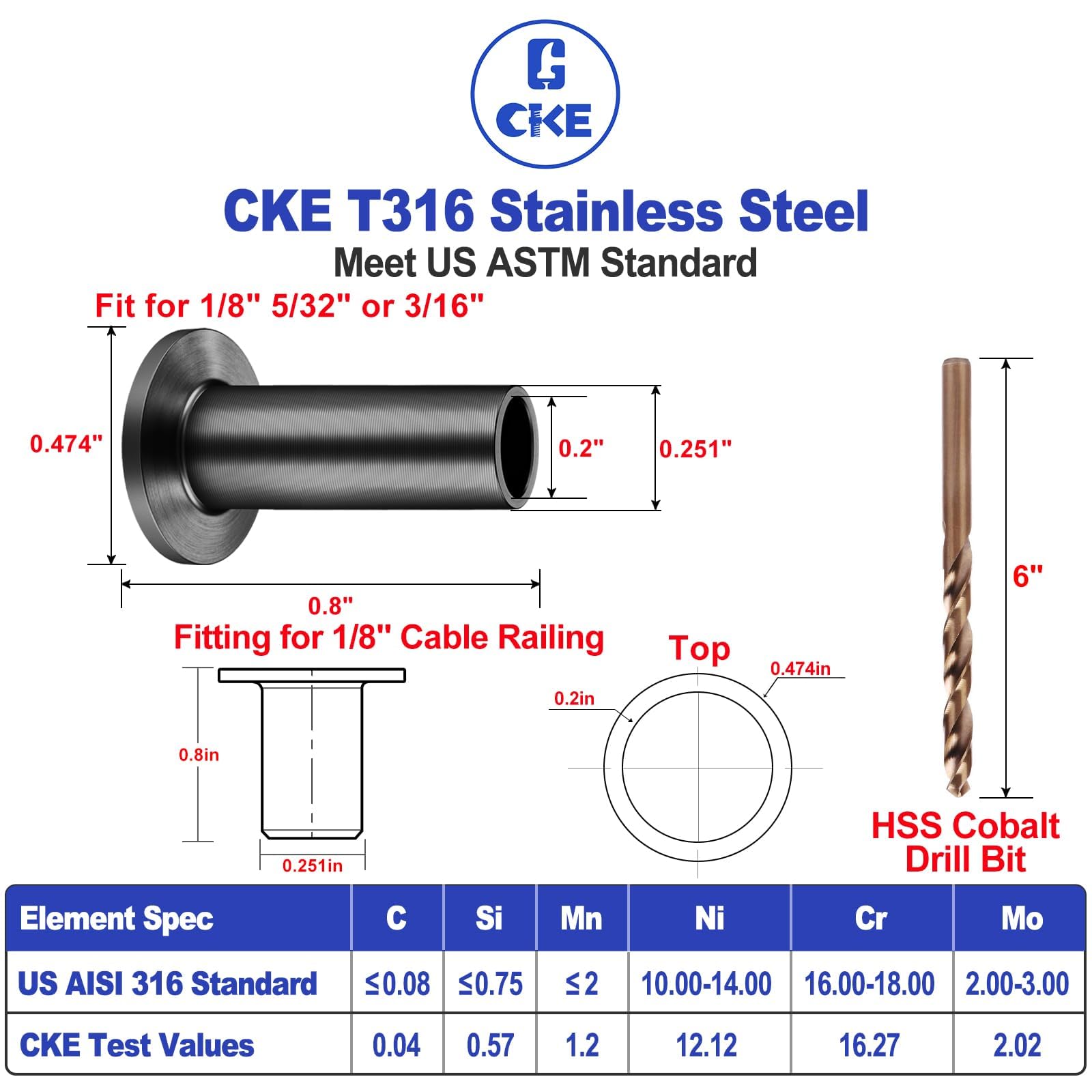 CKE Paquete de 40 fundas protectoras negras de acero inoxidable T316 para barandillas de cables de 1/8, 5/32 o 3/16 pulgadas, para barandilla de cables de 1/8, 5/32 o 3/16 pulgadas, BCR01-3/16