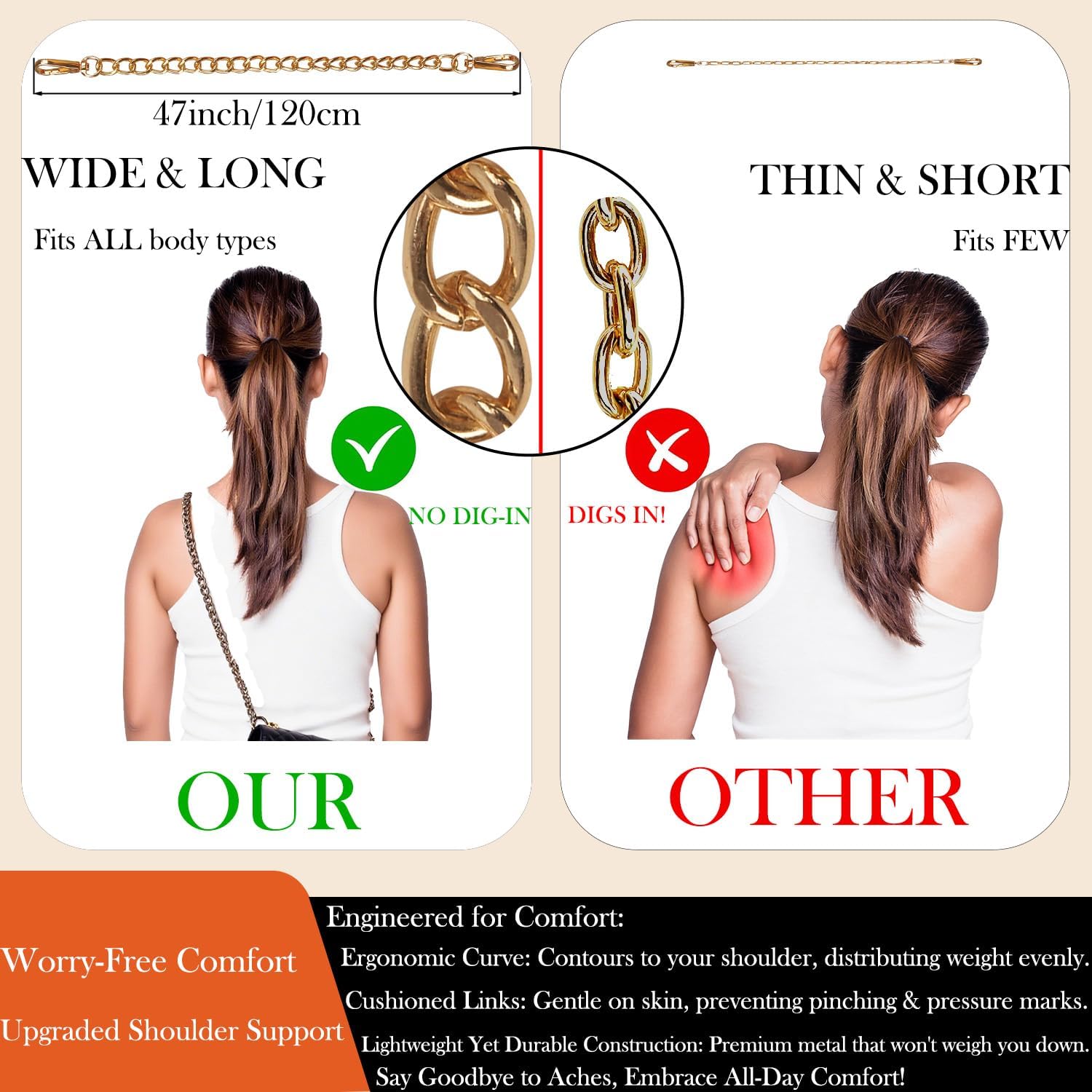 4 Pack 47" DIY Iron Flat Chain Strap for Purse, Crossbody Bag, Shoulder Bag, Replacement Bag Strap with Metal Buckles,Crossbody Chain, Detachable Purse Chain Accessories for Handbags (Gold) - Image 4