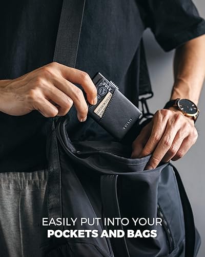 Vista 6 de VULKIT Cartera desplegable para tarjetas de crédito con ranuras de cuero adicionales con bloqueo RFID, funda delgada para tarjetas de metal, Negro