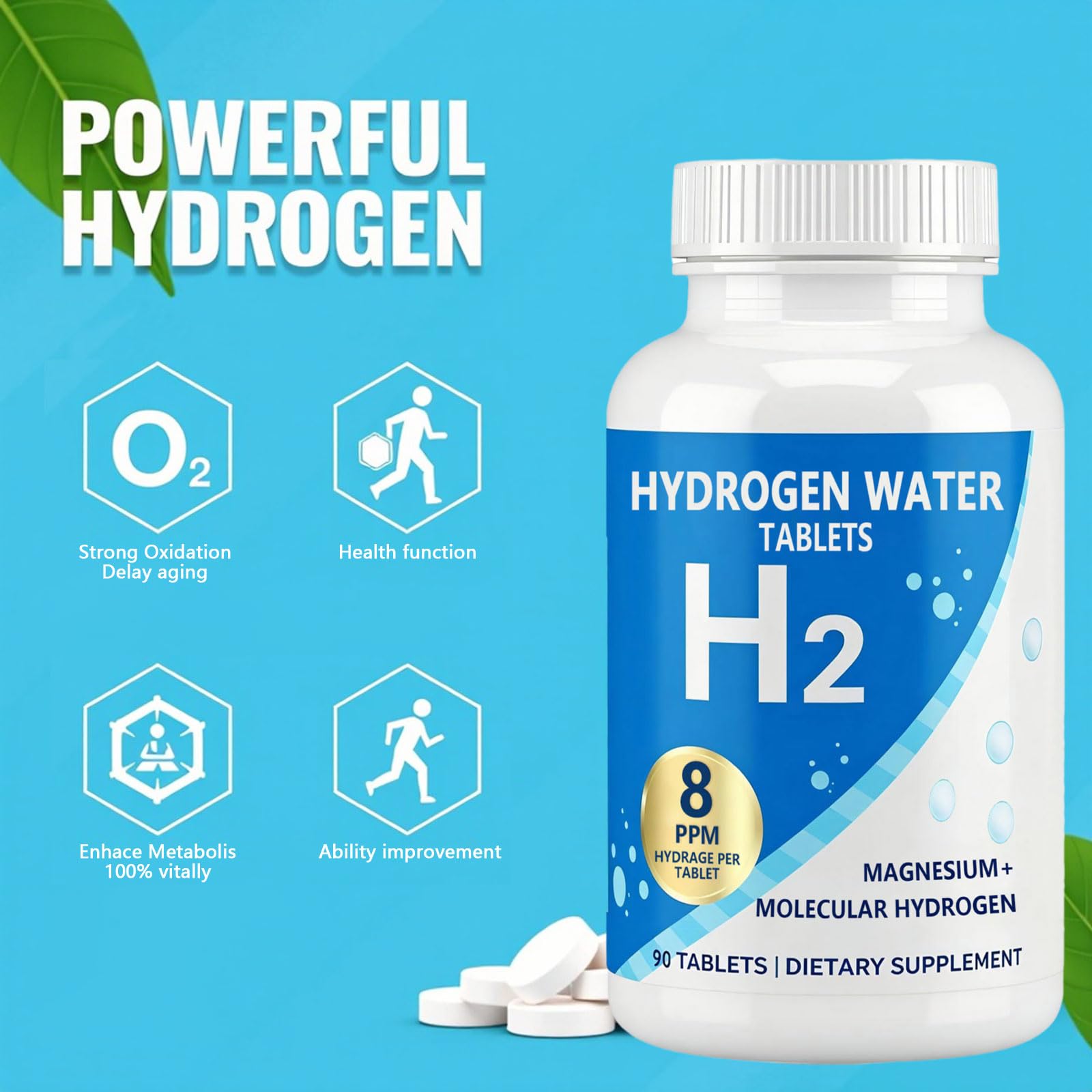 Hydrogen Water Tablets, 8 Ppm Hydrogen Tablets for Drinking Water, Supports Energy, H2 Molecular with Magnesium, Hydration & Recovery, GMO-Free, & Cognitive Performance with, Pure & Non-GMO, 90 Count