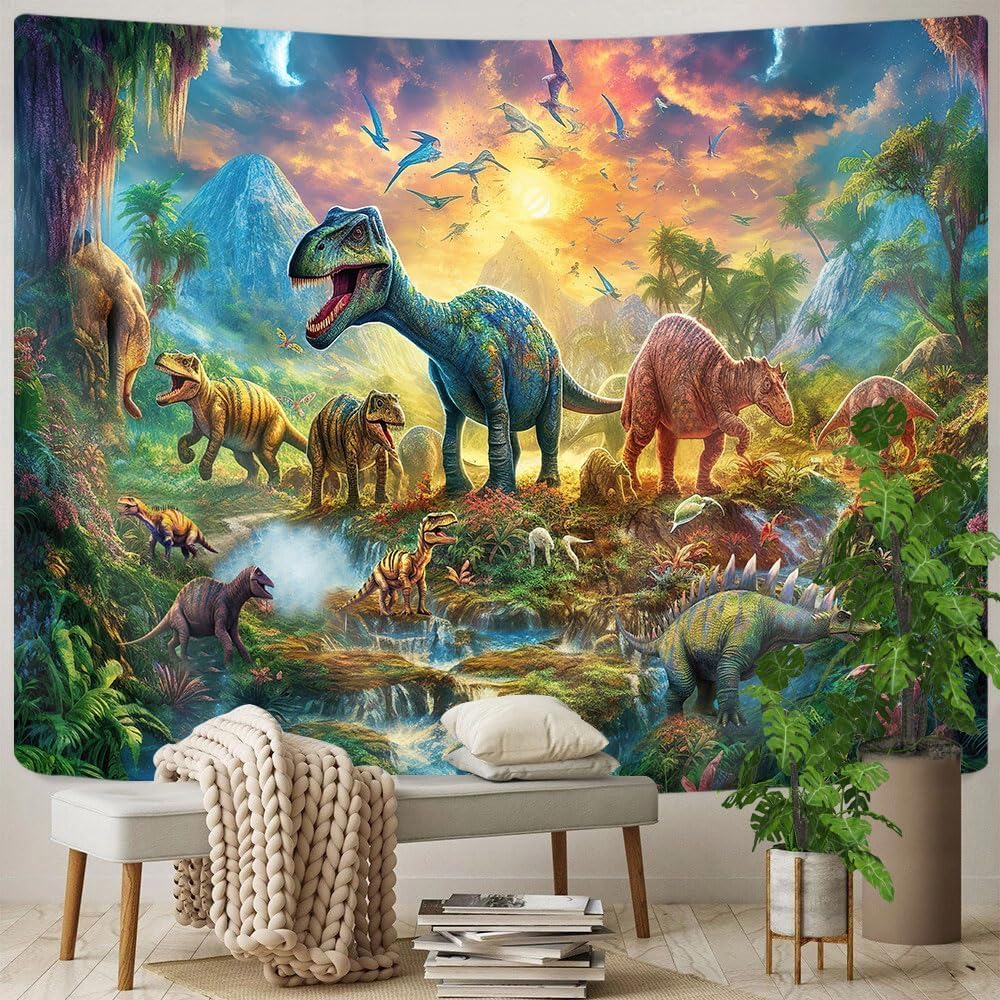 GOAOK Dinosaur Decor Tapestry for Kids Boys Bedroom, Dino Forest Anicient Animals Fairytale Tapestries Wall Hanging for College Dorm Home, Funny T-Rex Poster Blanket 80X60 Inch