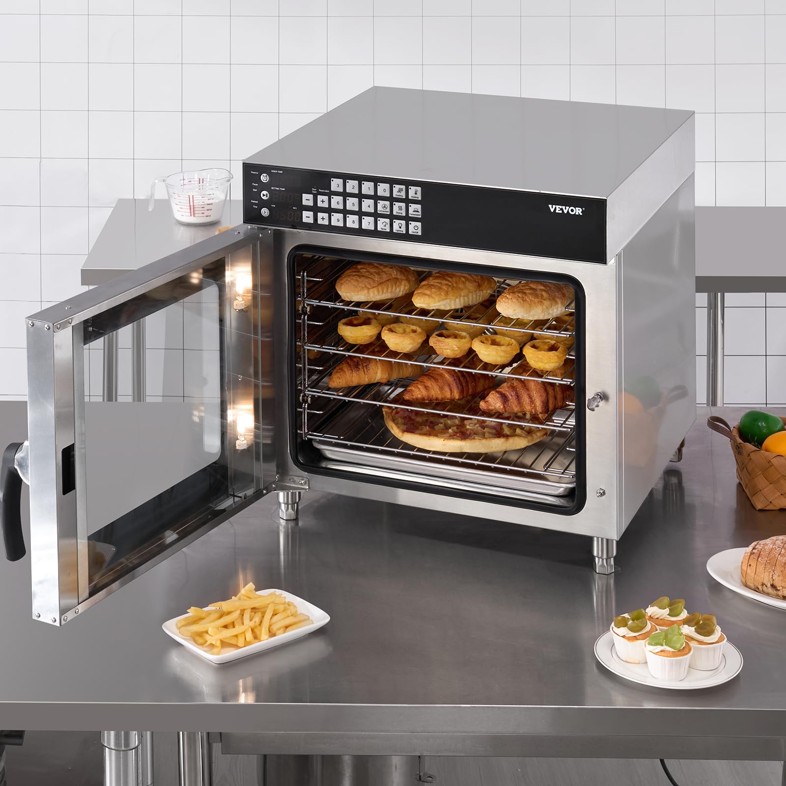 VEVOR Forno a Convezione Commerciale 58 L, Forno Tostapane a 4 Ripiani 2800 W con Porta in Vetro Temperato, Griglie Metalliche Vassoio per Clip Guanti Forno Elettrico in Acciaio Inox per Ristorante