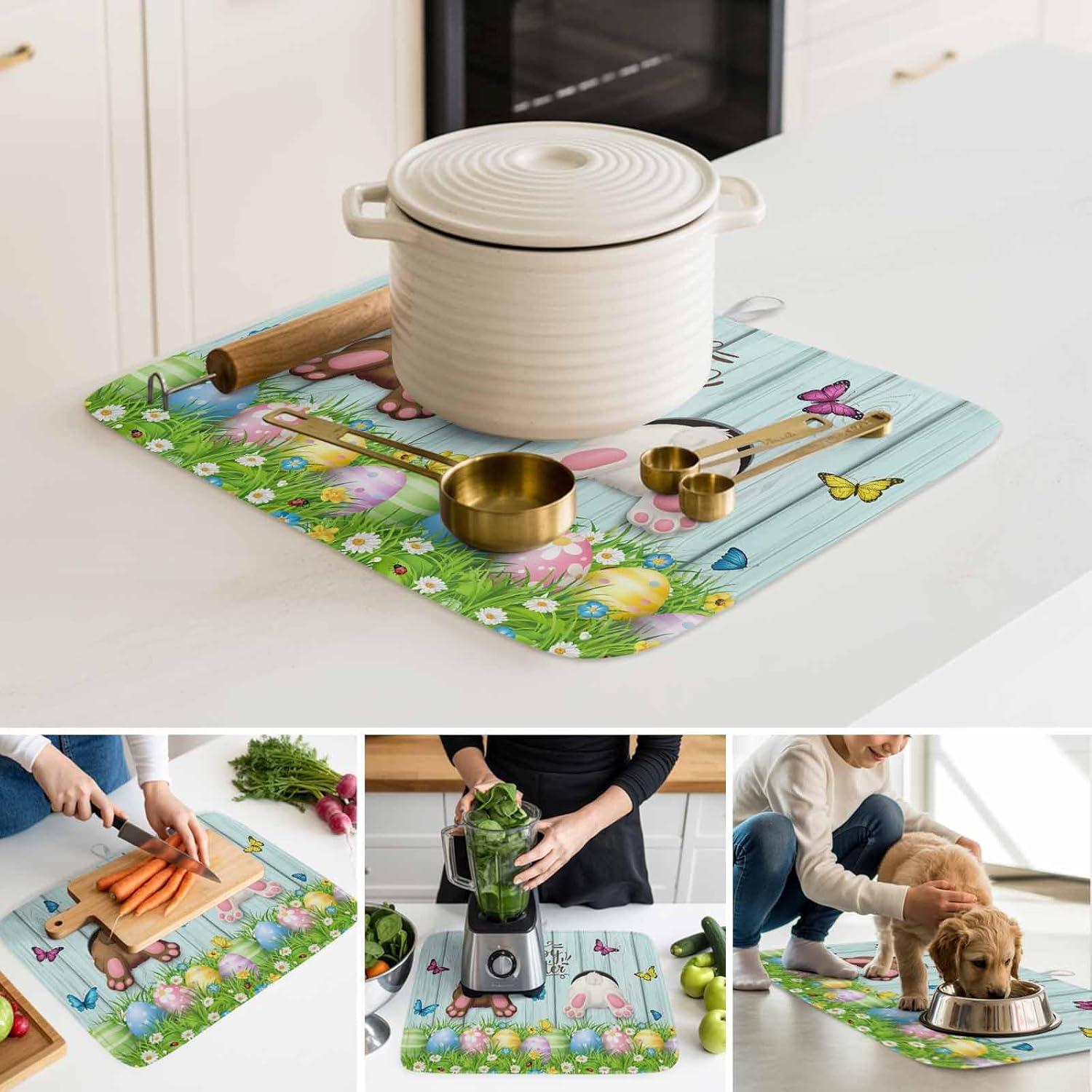Happy Easter Dish Drying Mat for Kitchen Counter White Brown Rabbit Tail Colorful Easter Eggs Green Wood Grain Super Absorbent Coffee Bar Mat Washable Dish Drainer Rack Mat, 2 Pack, 16" x 18"