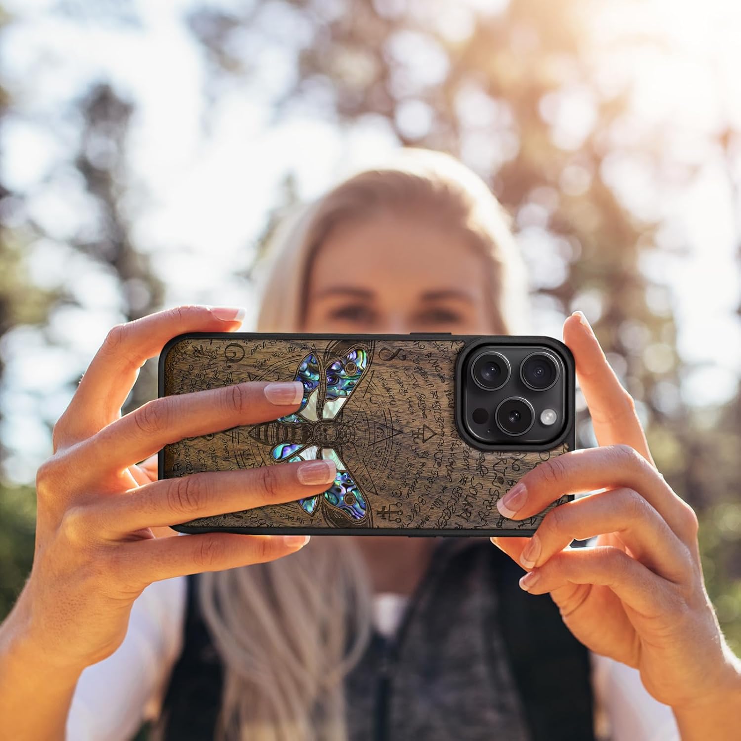 Carveit Magnetic Case for iPhone 16 Pro Max Case, Wood Artisan Engraved & Handmade Shell Inlaid, TPU Shockproof Cover, Compatible with MagSafe Wireless Chargers (Death's Head Moth) Walnut