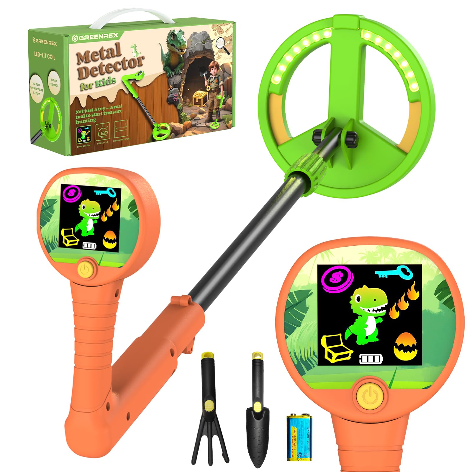 Greenrex Metalldetektor Kinder, Für Kinder von 3–12 Jahren, 6CM HD LCD Display, Ton & Lichtsignale, 59–82CM höhenverstellbar, 10CM Präzision, 470g leicht, lehrreiches Outdoor-Set