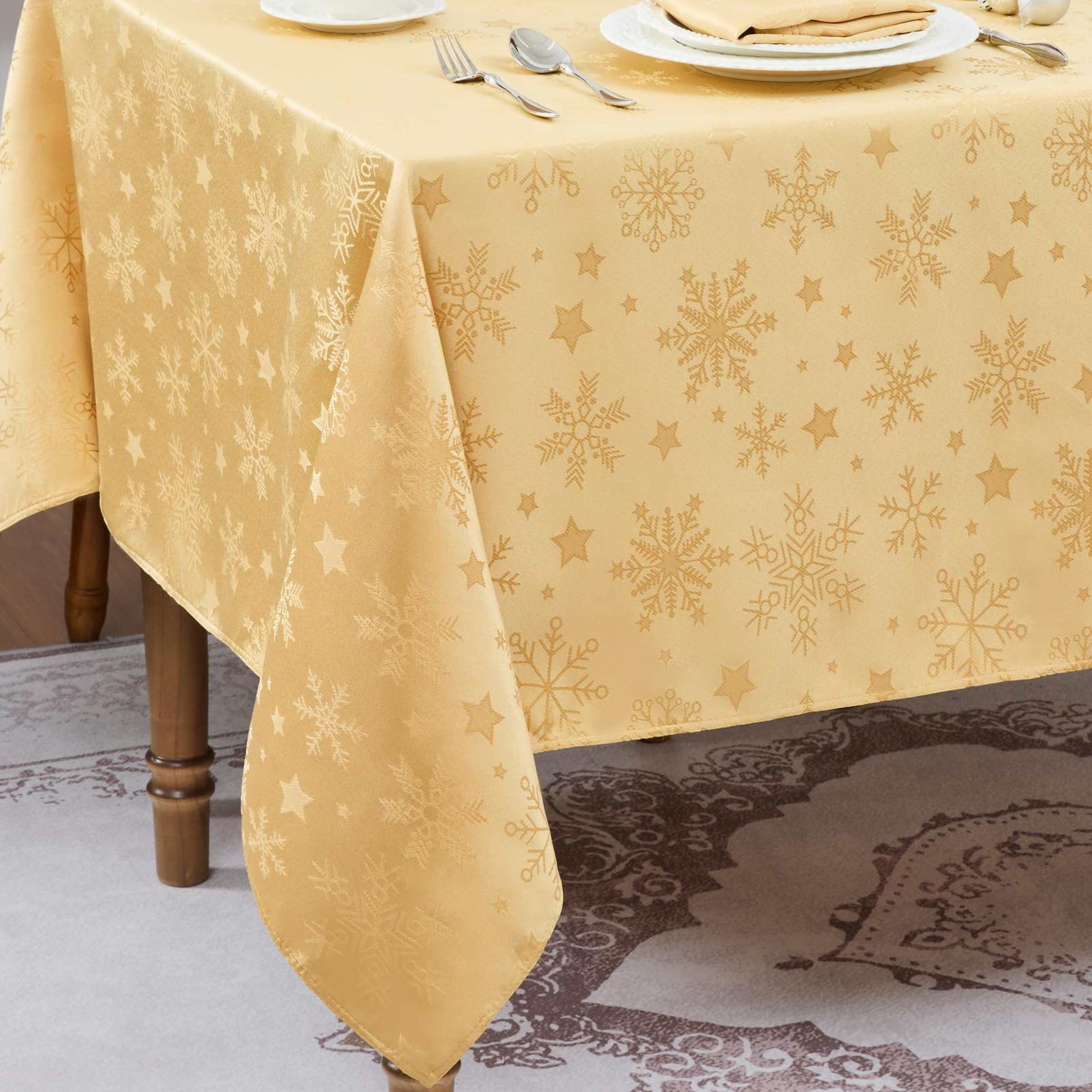 Romanstile Mantel grande de Navidad, 150 x 350 cm, dorado, lavable e impermeable, jacquard, estrellas y copo de nieve, rectangular, XXL, mantel para invierno, decoración navideña, fiesta, Navidad