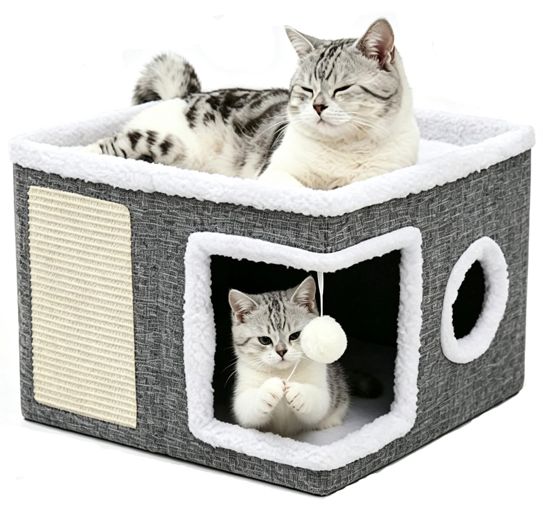 Cat Beds for Indoor Cat,Cat House,2-Layer Large Foldable Cat Cave with Scratch Pad & Hanging Fluffy Ball, Cosy Pet Hideaway Bed for Multiple Small Pets, All-Season Reversible Cushion, Grey(2 Layer)