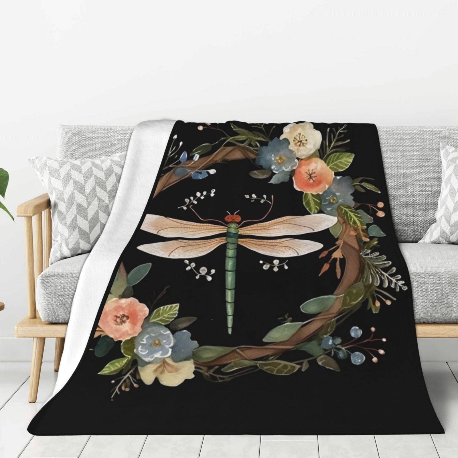 Image of Dragonfly in Wreath Throw Blanket Plush Flannel Fleece Blanket, Soft Lightweight Cozy Blankets 60"X50" for Bed Couch Sofa Travel