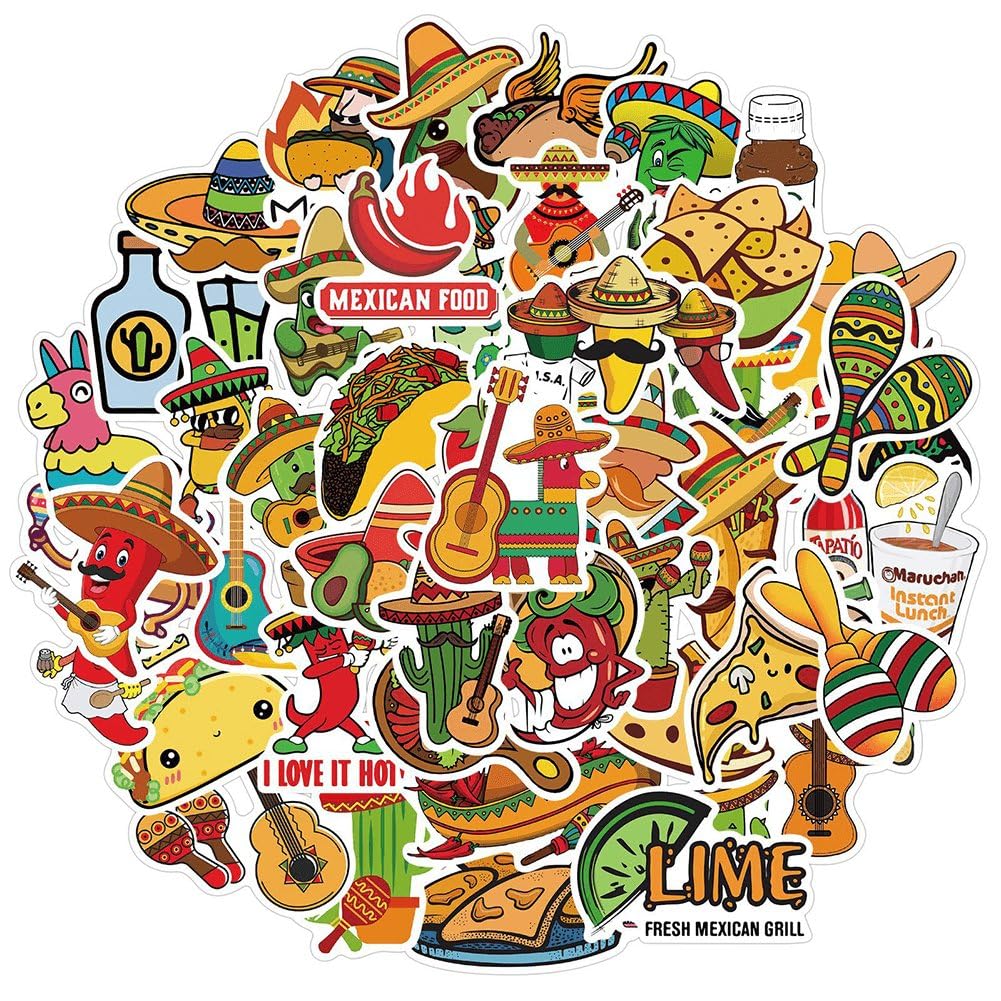 Fituenly 50pcs Mexico Stickers, Mexican Theme Waterproof Vinyl Decals for Water Bottles Laptop Luggage Cup, Computer Mobile Phone Skateboard Guitar, Food Fiesta Party