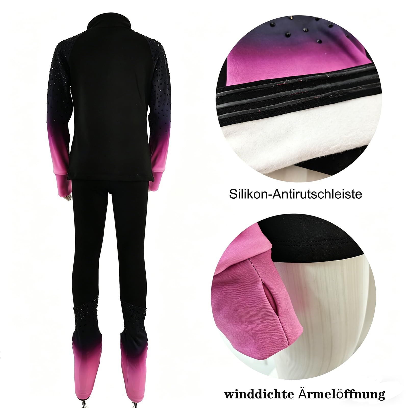 Mädchen Eiskunstlauf Trainingsanzug Farbverlauf Jacke Hose mit Strass-Dekoration Atmungsaktiver Fleece-Stoff Eiskunstlaufbekleidung