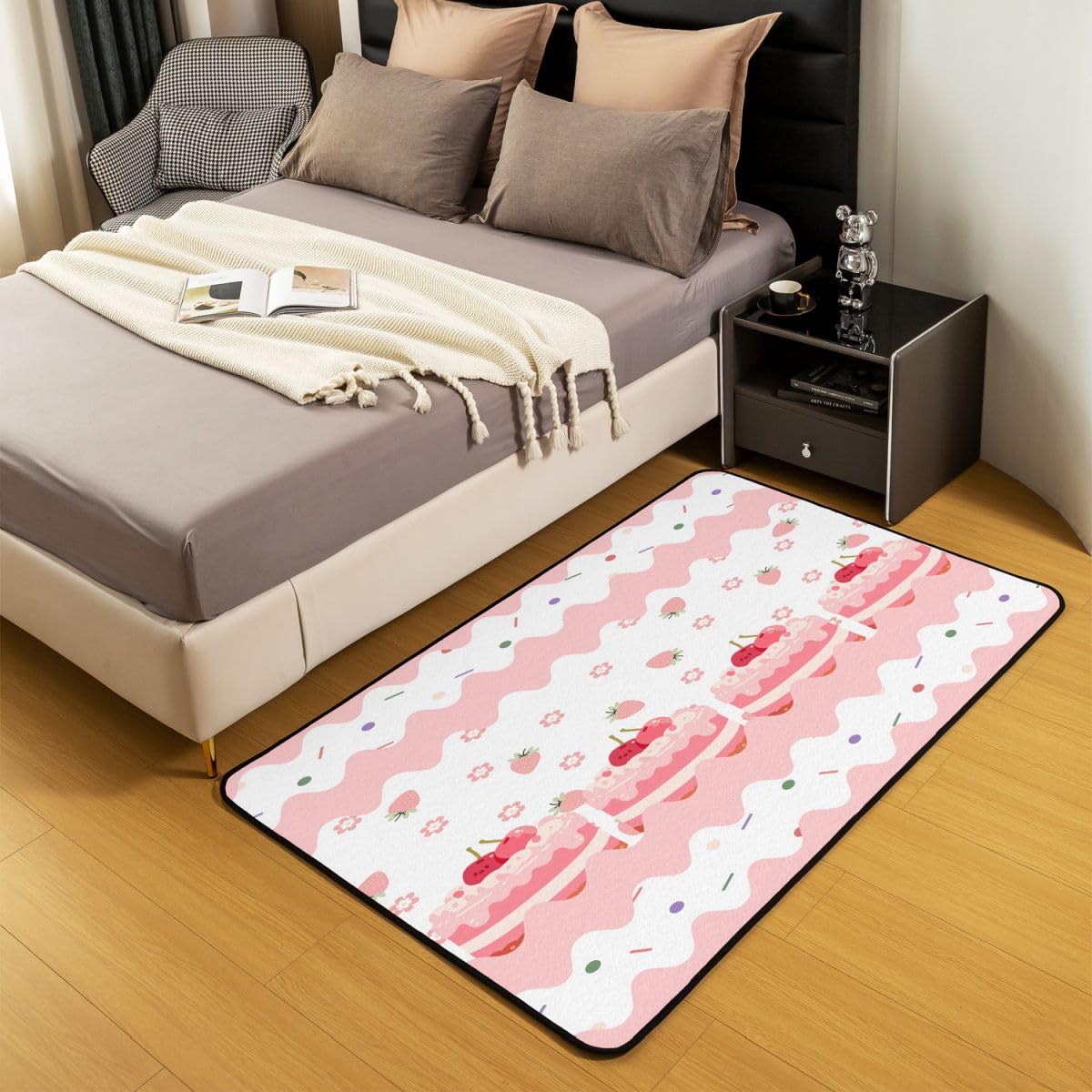 Dywan do salonu, różowy, truskawkowy, 100 x 150 cm, kremowy, do ciast i sypialni, dla dzieci, nastolatków, słodkie kwiaty, słodka księżniczka, mata do wnętrz, dekoracja domu