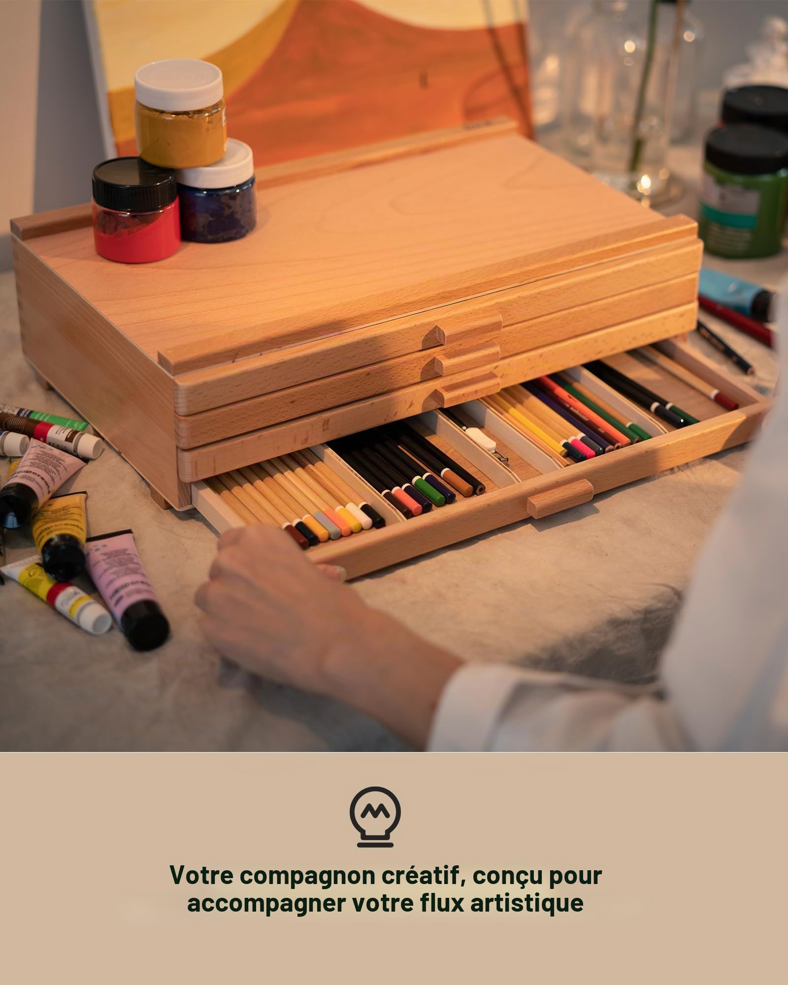 DJAR Boîte de Rangement à 4 Tiroirs pour Matériel d'Art, Organisateur de Bureau en Bois de Hêtre pour Pastels, Pinceaux, Crayons, Tiroirs Amovibles, Naturel