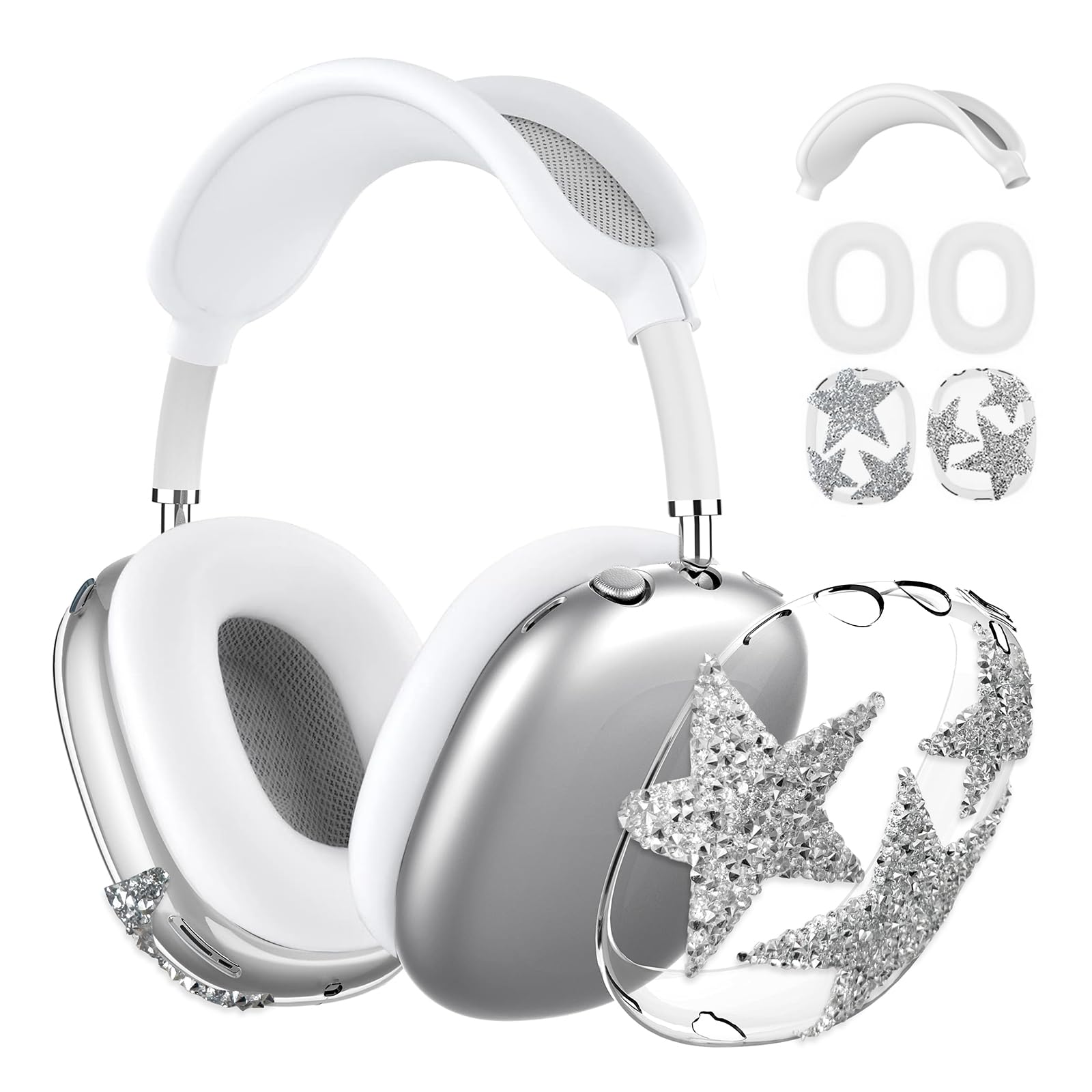 3-in-1 Case Cover for AirPods Max Headphones, Apple AirPod Max Accessory Protective Cover, Headband/Silicone Ear Pad/Clear TPU Shiny Rhinestone Star