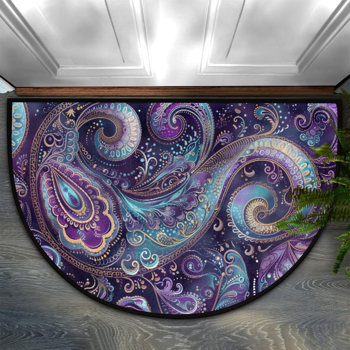 Ethnic Purple Paisley Half Round Door Rug Indoor Entrance Washable Half Circle Area Rugs Non Slip Half Moon Rug Semi Circle Bathroom Mat Floor Carpet