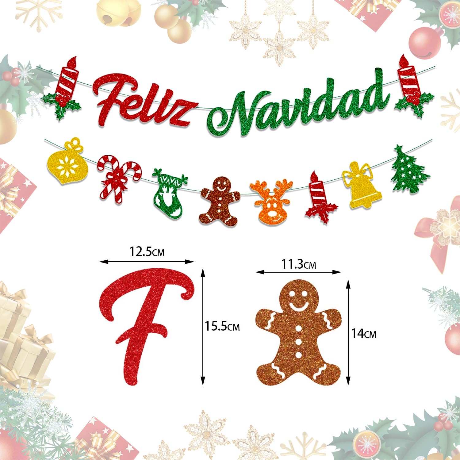 JUFYVO 2pcs Glitter Feliz Navidad Banner Spanish Christmas Banner Merry Christmas Bunting Banners Happy Holidays Decorations for Office Home Decor - Image 2