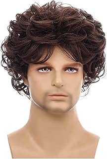 ZENY896V Pelucas de encaje ondulado para hombre, pelo corto y rizado sintético negro y marrón, peluca esponjosa natural de fibra peluca Cosplay 1 unids pelucas sintéticas naturales(02)