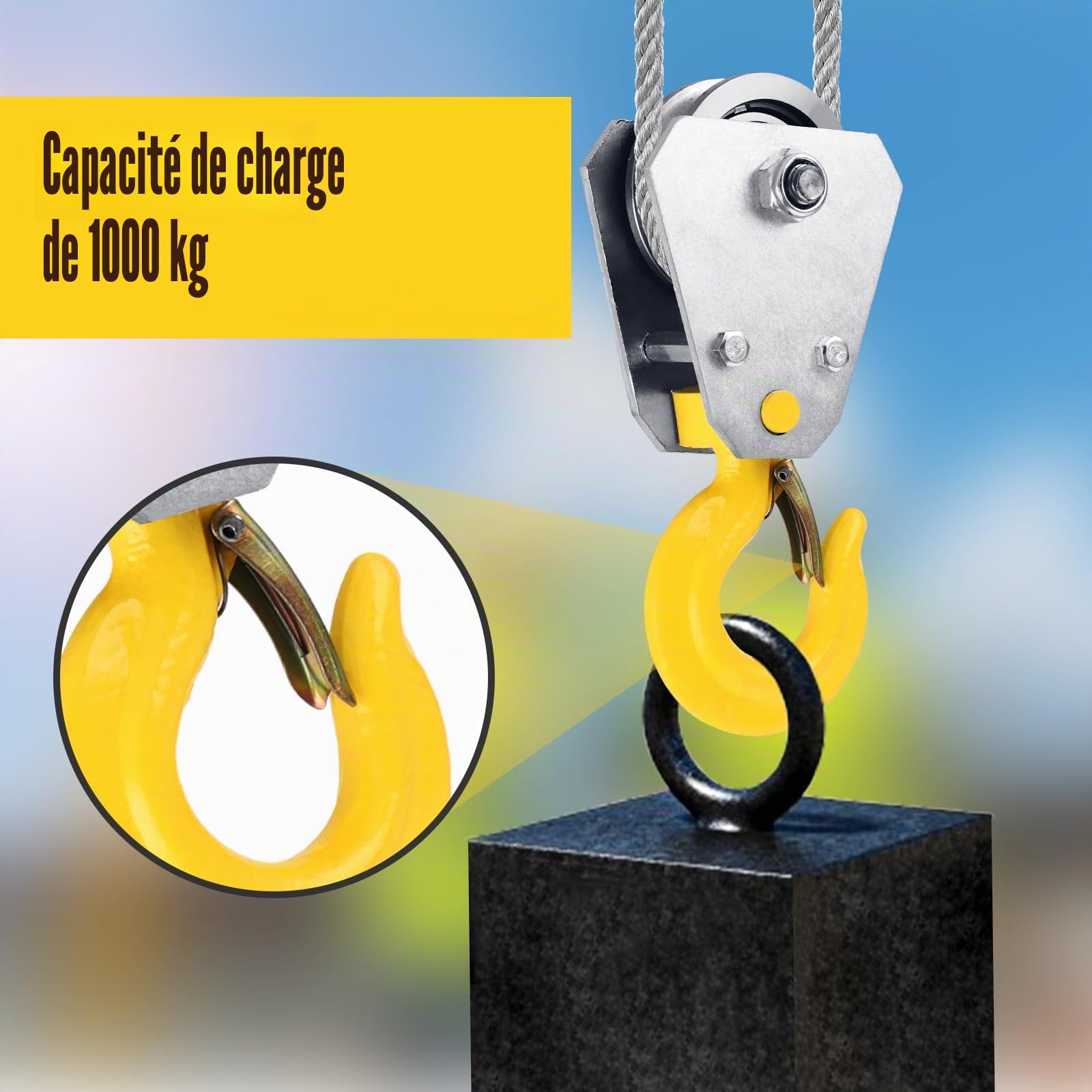 2 Pièces Poulie de Levage 1T avec Crochet Jaune, Poulie de Renvoi en Acier Alliage, Roue Argentée pour Corde 10 mm, Mouflage, Garage, Jardin et Atelier