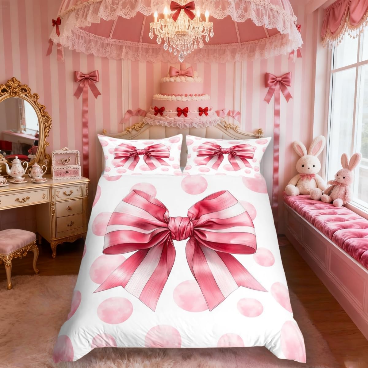 Juego de ropa de cama para niños y niñas, diseño floral de rayas rosas, tamaño doble, 3 piezas, suave, transpirable, con lazo, 1 funda nórdica y 2 fundas de almohada