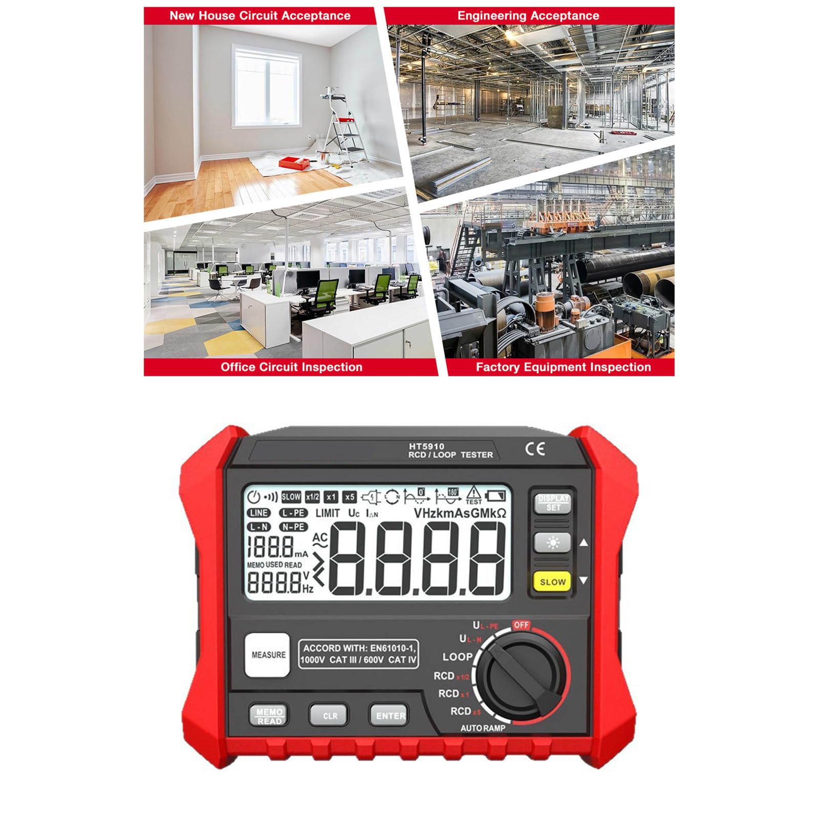 Medidor de resistencia digital con interruptores de fugas para prueba de capacidad RCD, pantalla LCD retroiluminada, 1000 registros, voltímetro probador RCD