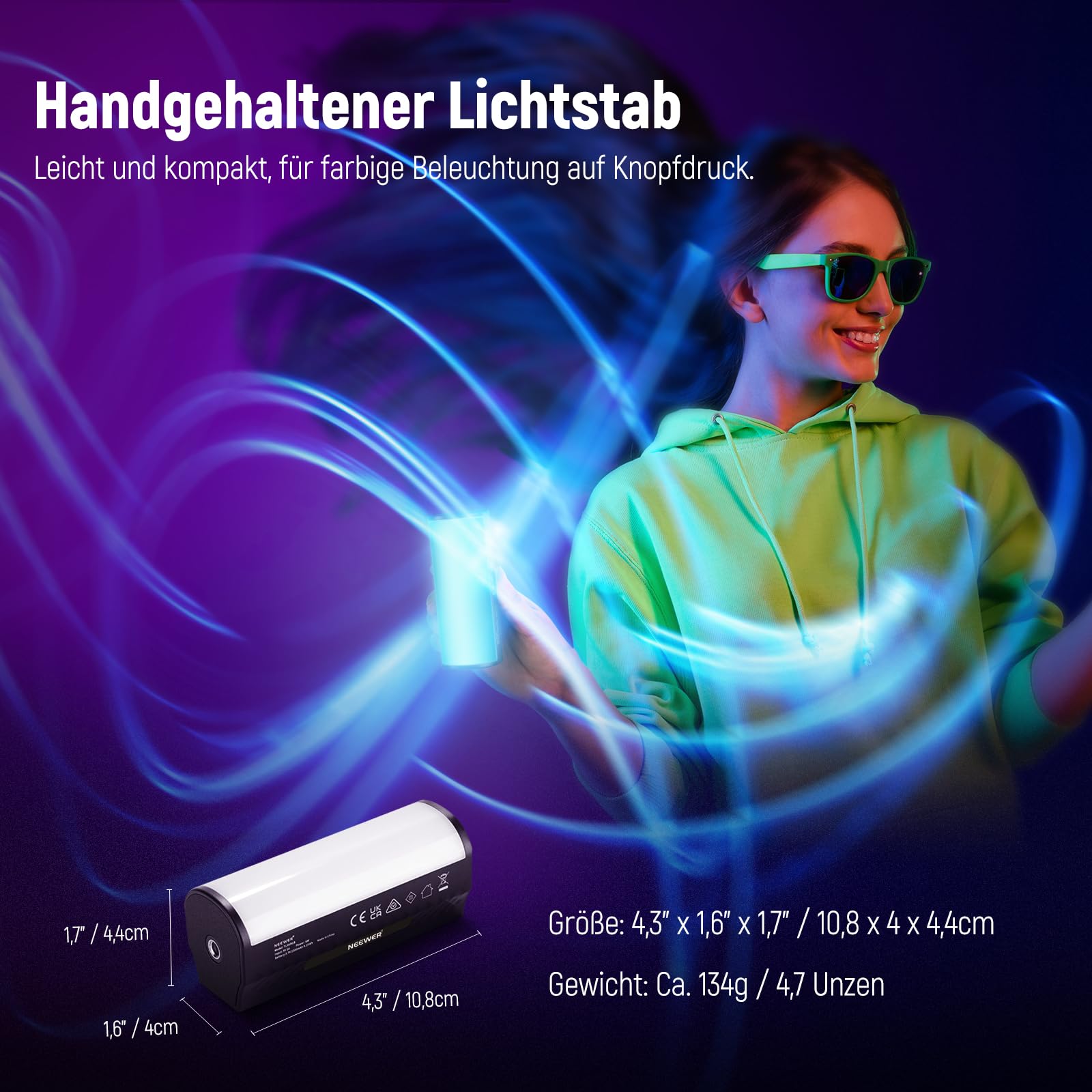 NEEWER Basics Magnetischer Handheld Lichtstab, 360° RGB Mini LED Video Tube Lighting Stick, 2500mAh Batterie, 2500K-8500K Dimmbar, Studio Kamera Fotografie TikTok YouTube Aufnahme Streaming, TL96RGB
