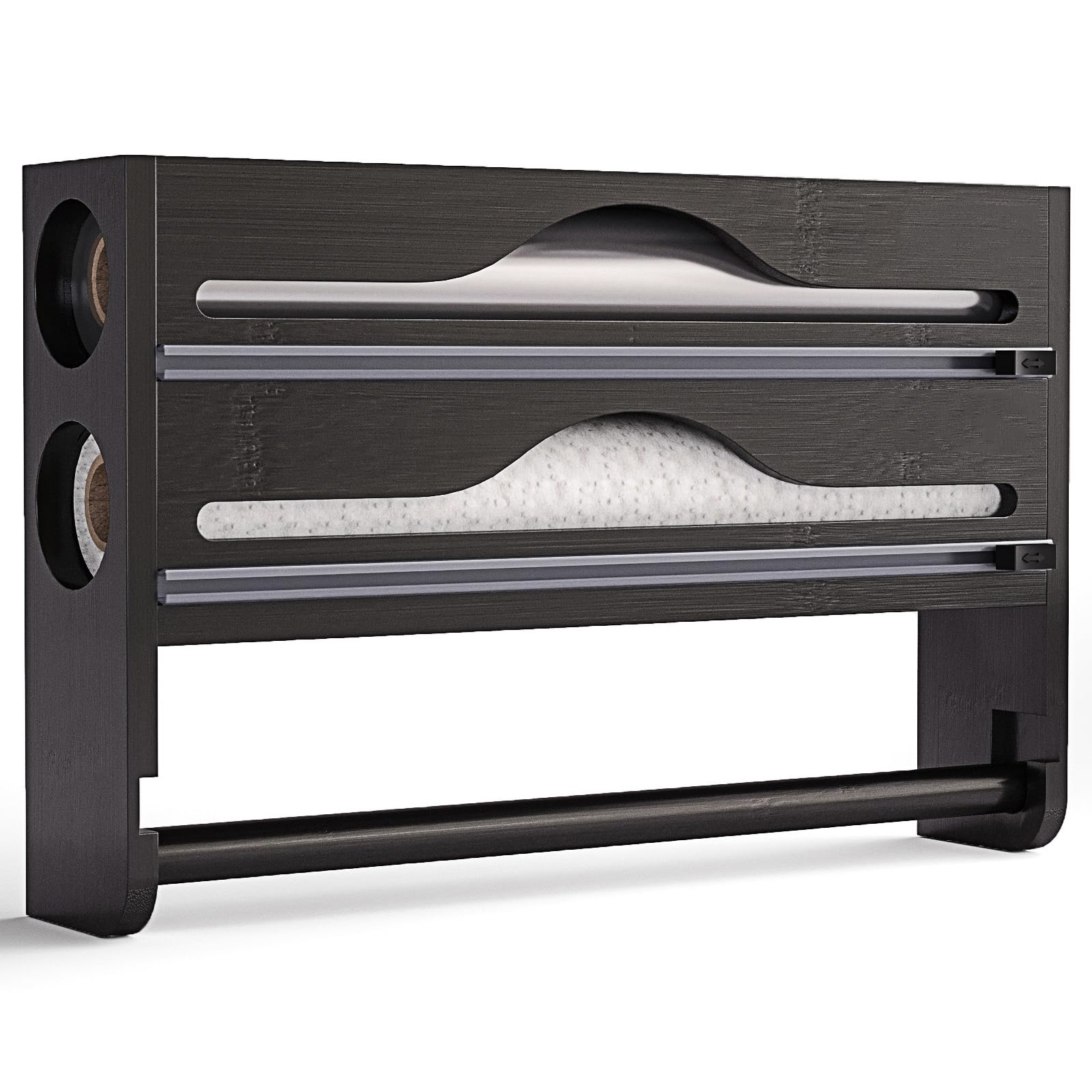 Dispensador de película de cocina 3 en 1, portarrollos de aluminio y película, soporte de pared o cajón para film transparente, aluminio y papel horno, organizador de cocina compacto
