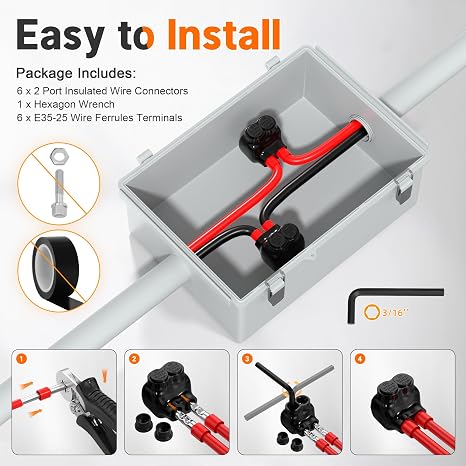 Joinfworld 2 Port Insulated Multi Tap Connector 1/0-14 AWG Aluminum to Copper Wire Connectors Single Side Entry Black Electrical Cable Connectors with Slotted Allen Hex - 6 Pack