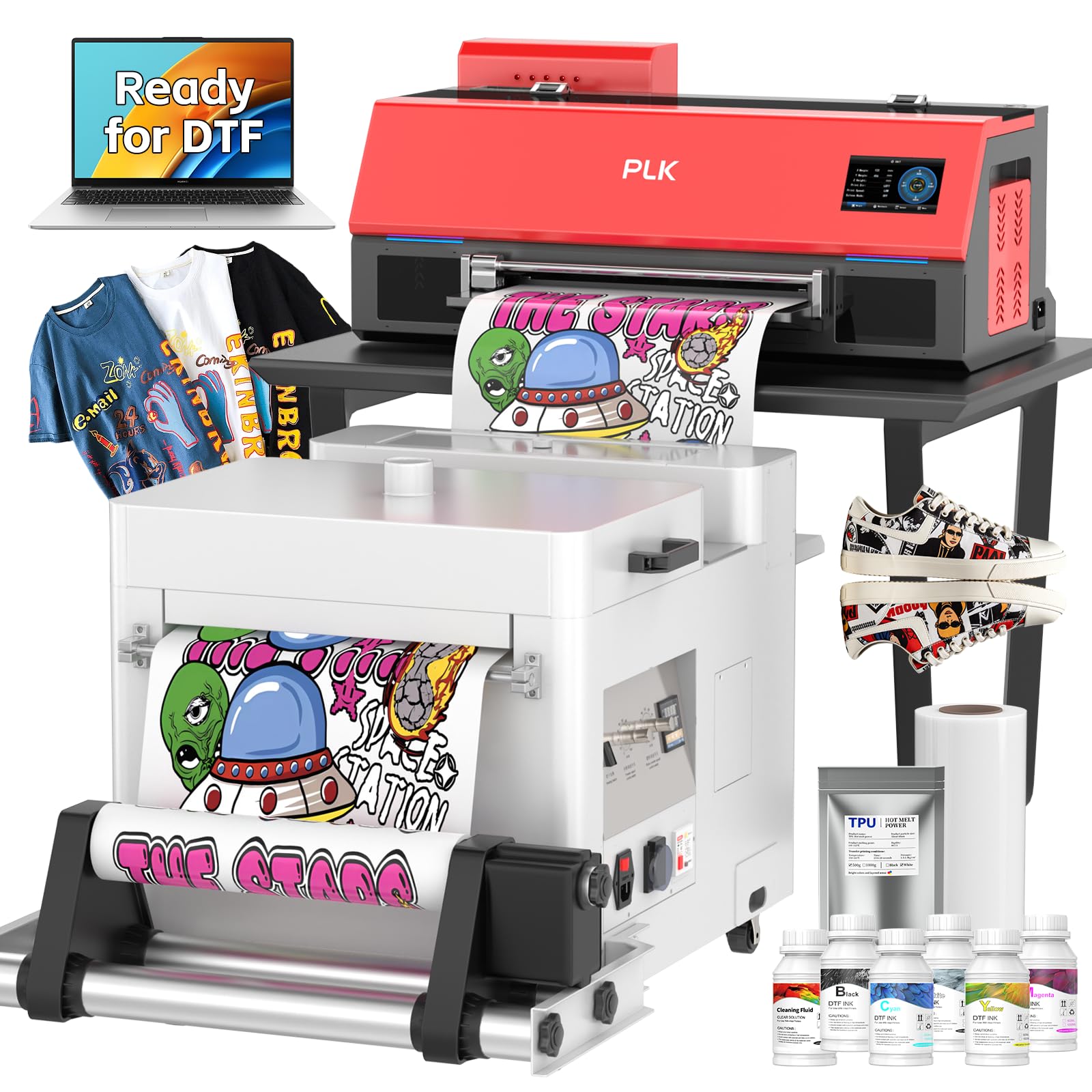 PLK Impresora A3 Plus XP600 DTF con secadora agitadora + purificador de humo, doble velocidad que L1800/L805, pantalla táctil de 4.5 pulgadas, limpieza automática, sistema de tinta blanca dual