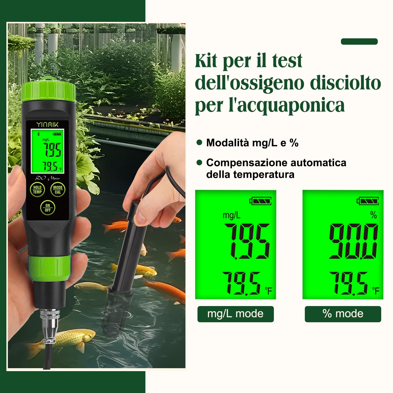 Misuratore di ossigeno disciolto YINMIK, misuratore di ossigeno portatile per laghetti, kit di test dell'ossigeno per acquaponica, tester di ossigeno digitale per acquari, vasche per pesci, idroponic