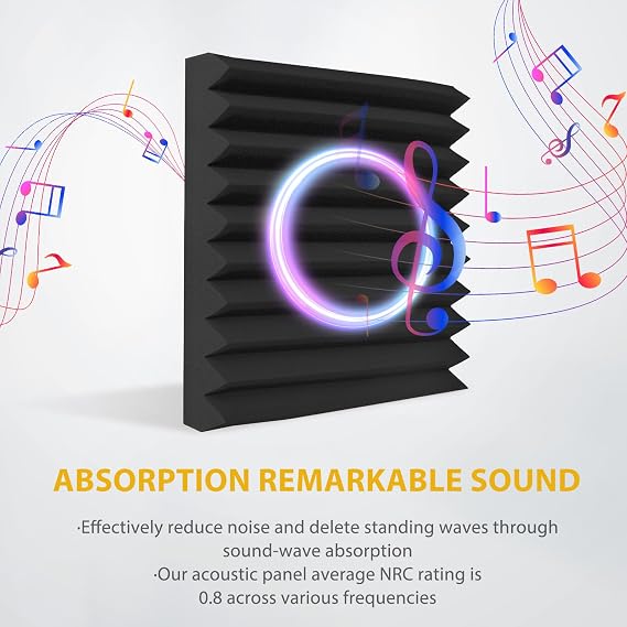 Acoustic Foam Panels Sound Absorbing 12 Pack - 1 X 12X 12 Sound Proof Panels Noise Reducing for Walls, High Density Sound Deadening Panels Black Wedge for Studio Recording & Office & Home