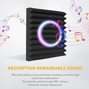 Acoustic Foam Panels Sound Absorbing 12 Pack - 1 X 12X 12 Sound Proof Panels Noise Reducing for Walls, High Density Sound Deadening Panels Black Wedge for Studio Recording & Office & Home