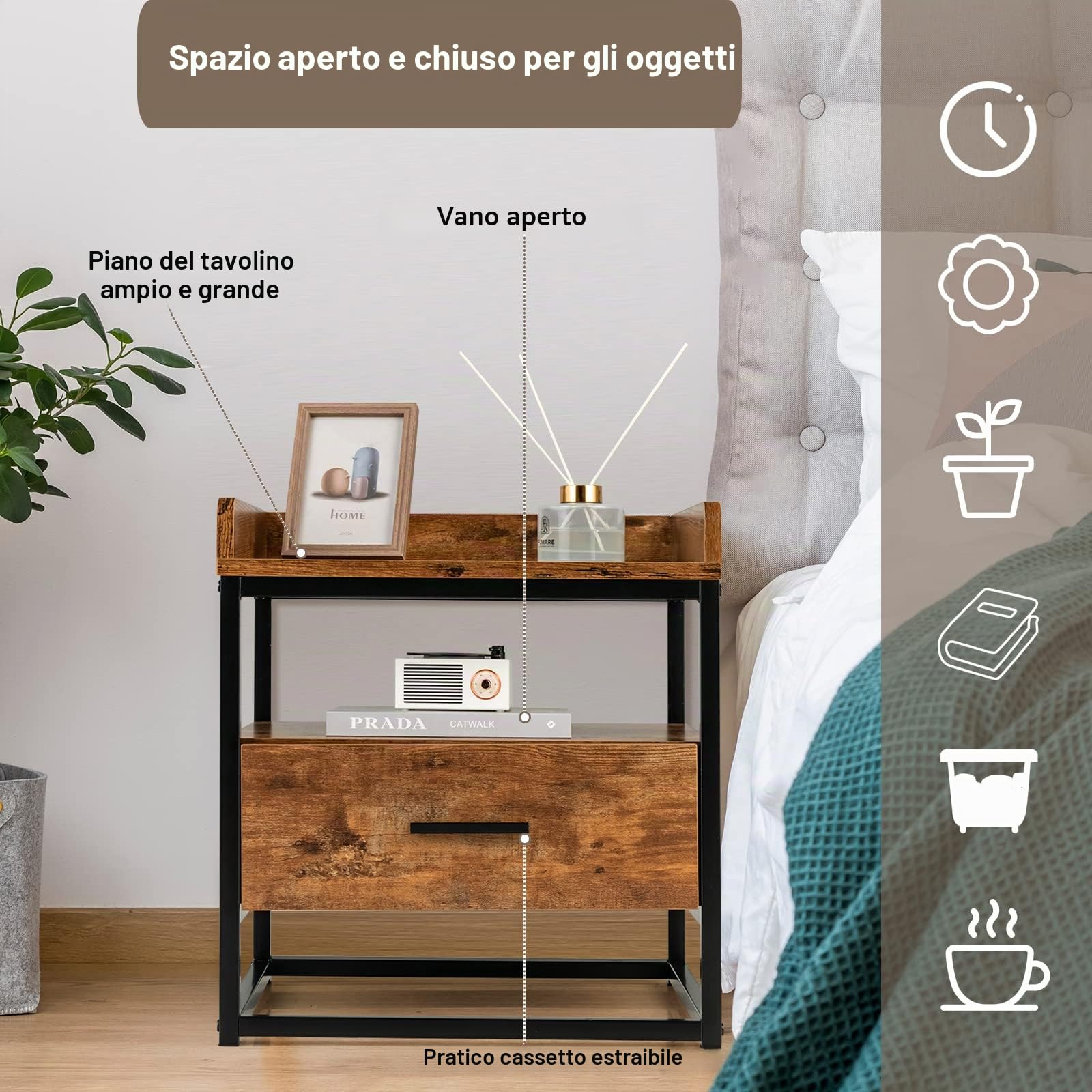 LIFEZEAL Comodino quadrato a 2 livelli con cassetto | Tavolino piccolo con design industriale e ripiani portaoggetti, per soggiorno e camera da letto