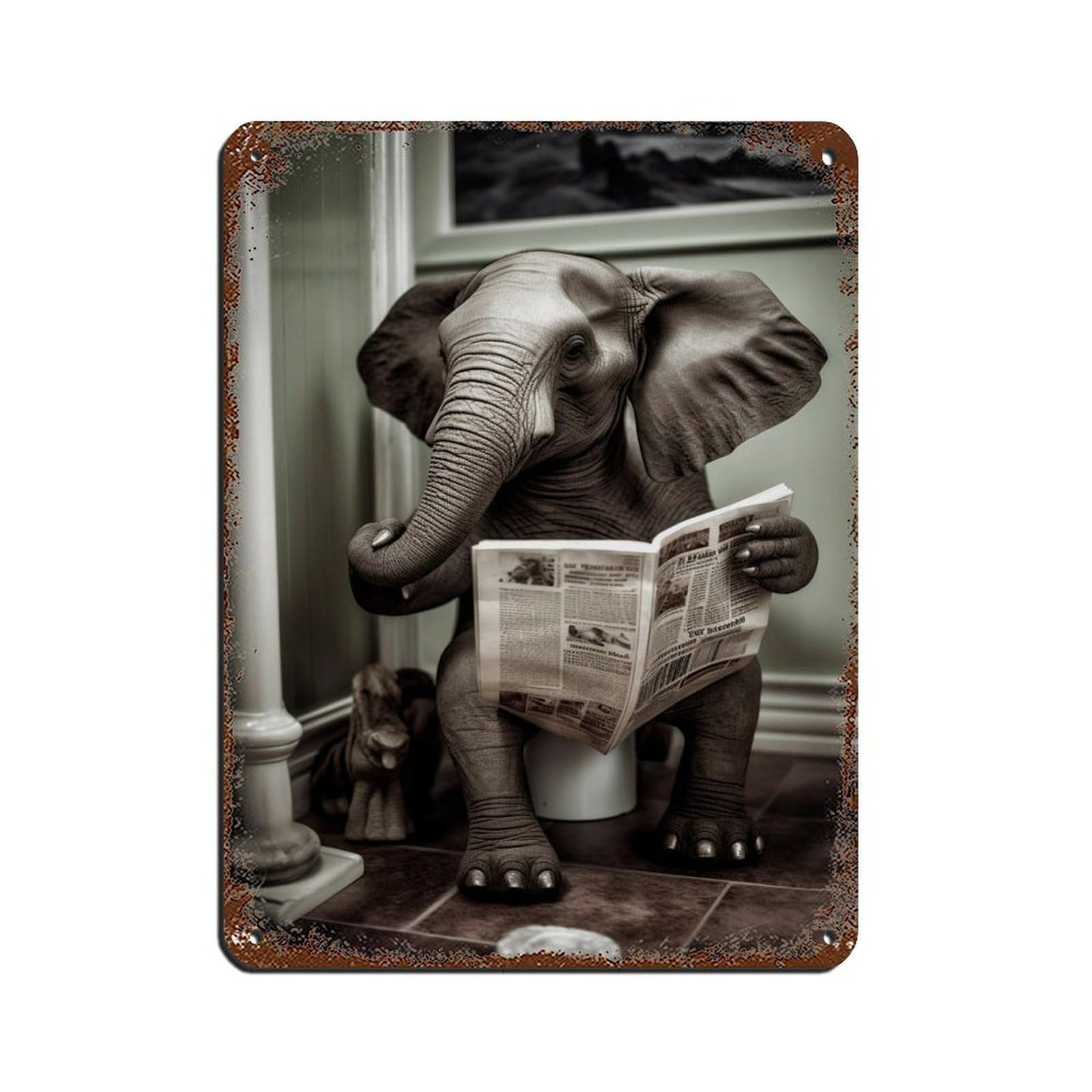 Elephant on Toilet Reading The Newspaper Tin Sign Vintage Metal Pub Club Cafe Bar Home Wall Art Decoration Poster Retro 12x16inch(30x40cm)