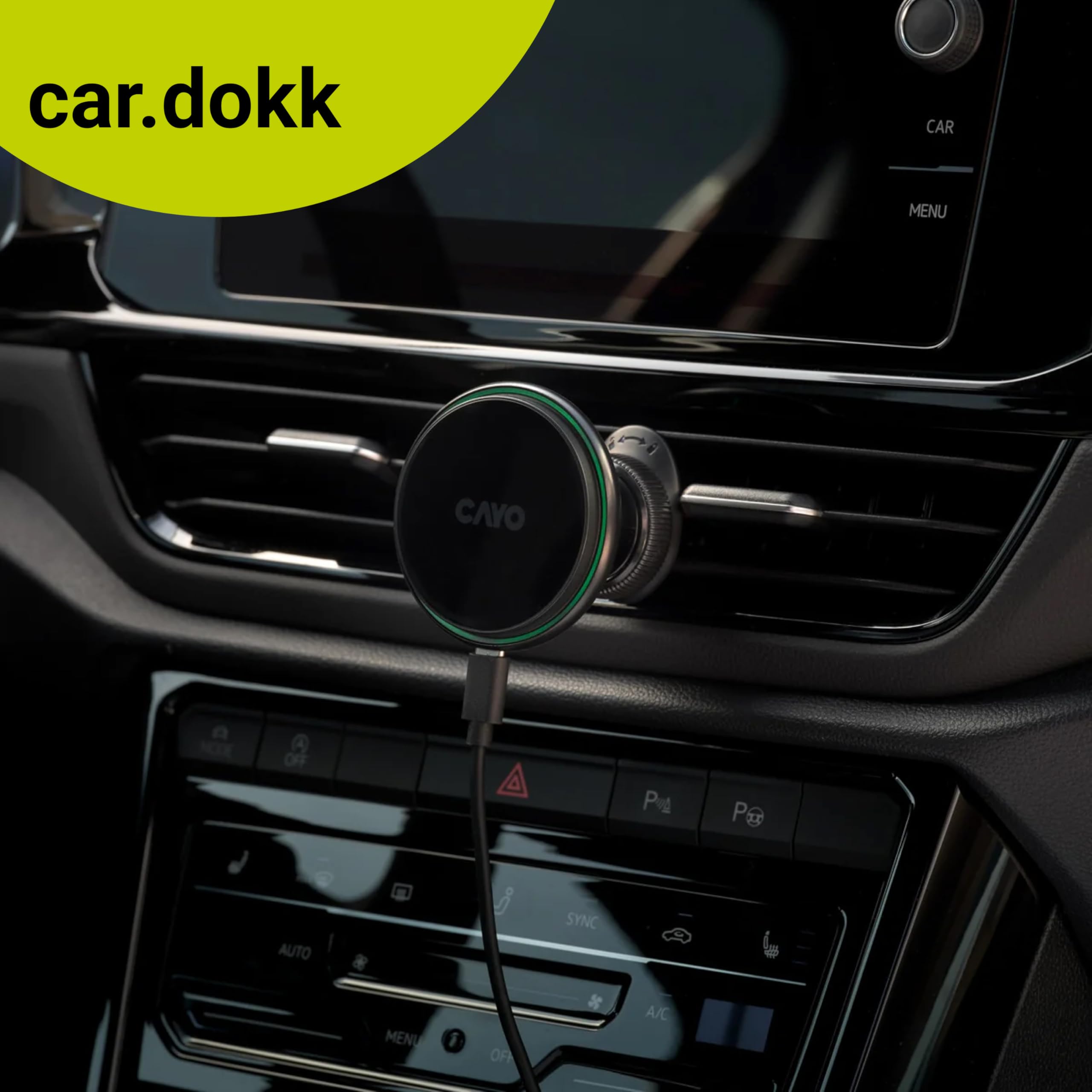 CAYO car.dokk - Supporto magnetico per cellulare per auto con funzione di ricarica induttiva da 15 W, supporto per bocchetta di ventilazione con morsetto brevettato, compatibile con MagSafe, fissaggio