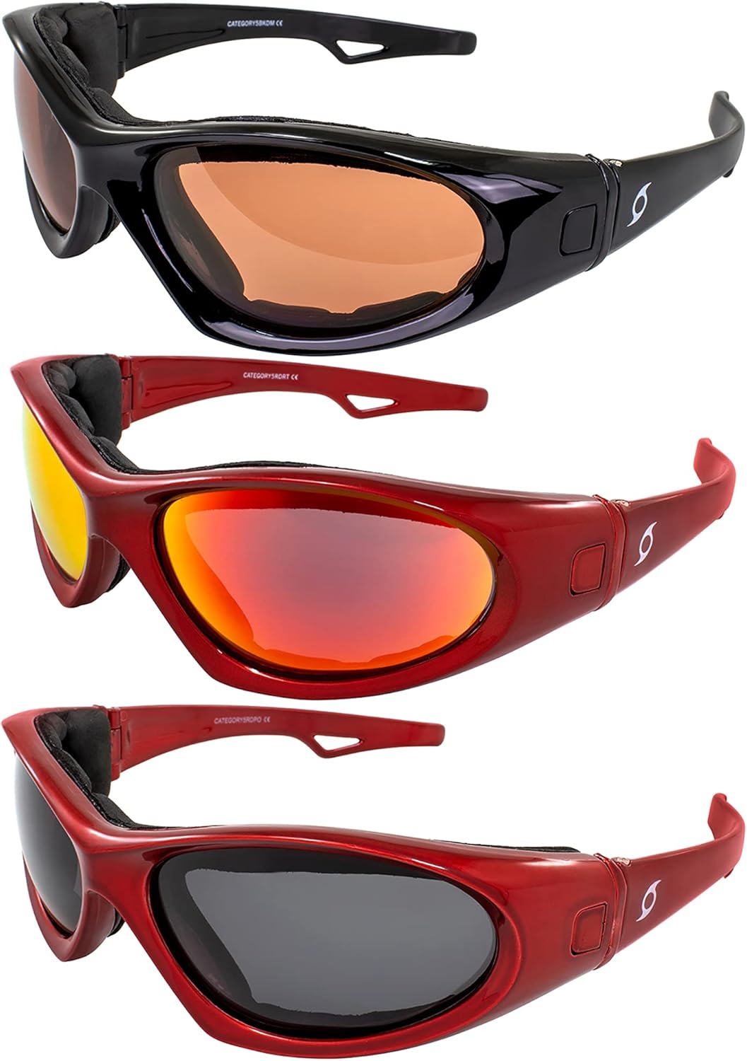 Hurricane Category 5 Jet & Water Ski Floating Sunglasses to Goggles Hybrid 3 Pairs Black Frames with Smoke Lens Red Frames with Smoke & Red Mirror Lenses