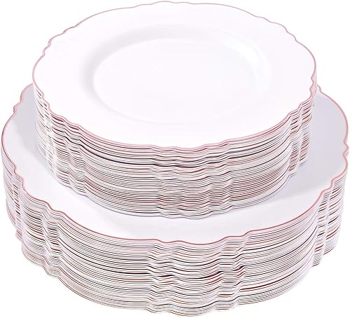 WDF 100 platos de plástico de oro rosa, platos desechables barrocos blanco y oro rosa, incluyendo 50 platos de plástico de 10.25 pulgadas, 50 platos