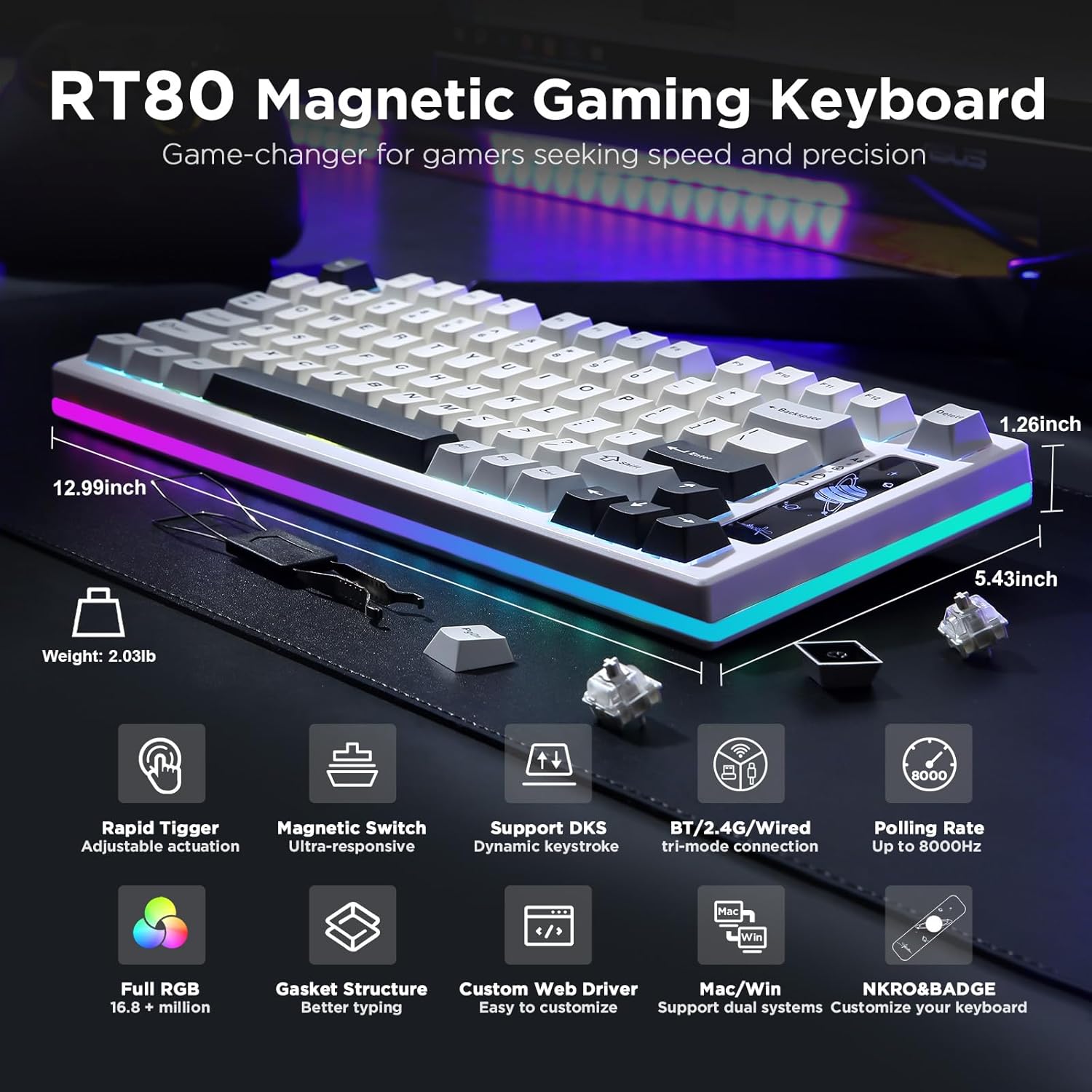 YUNZII RT80 Magnetic Gaming Keyboard with key features highlighted, including Rapid Trigger, Magnetic Switch, DKS, Tri-mode connection, 8K Polling Rate, Full RGB, Gasket Structure, Custom Web Driver, Mac/Win support, and NKRO.