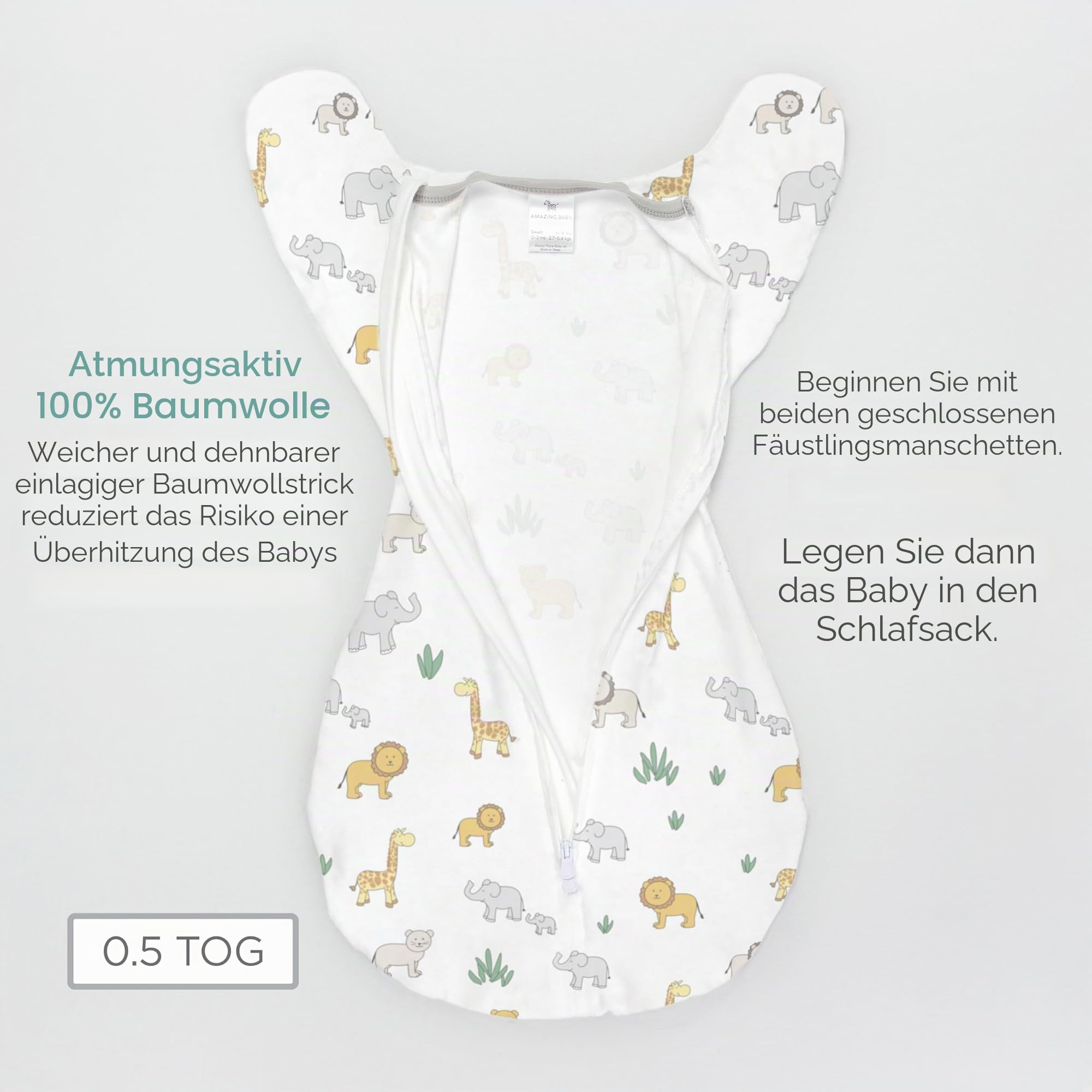Amazing Baby Übergangs-Pucksack Baby, Pucktuch & Puckschlafsack für Neugeborene mit Arme-nach-Oben-Design, halblangen Ärmeln & Fäustling-Bündchen, M, 3-6 Monate, Confetti