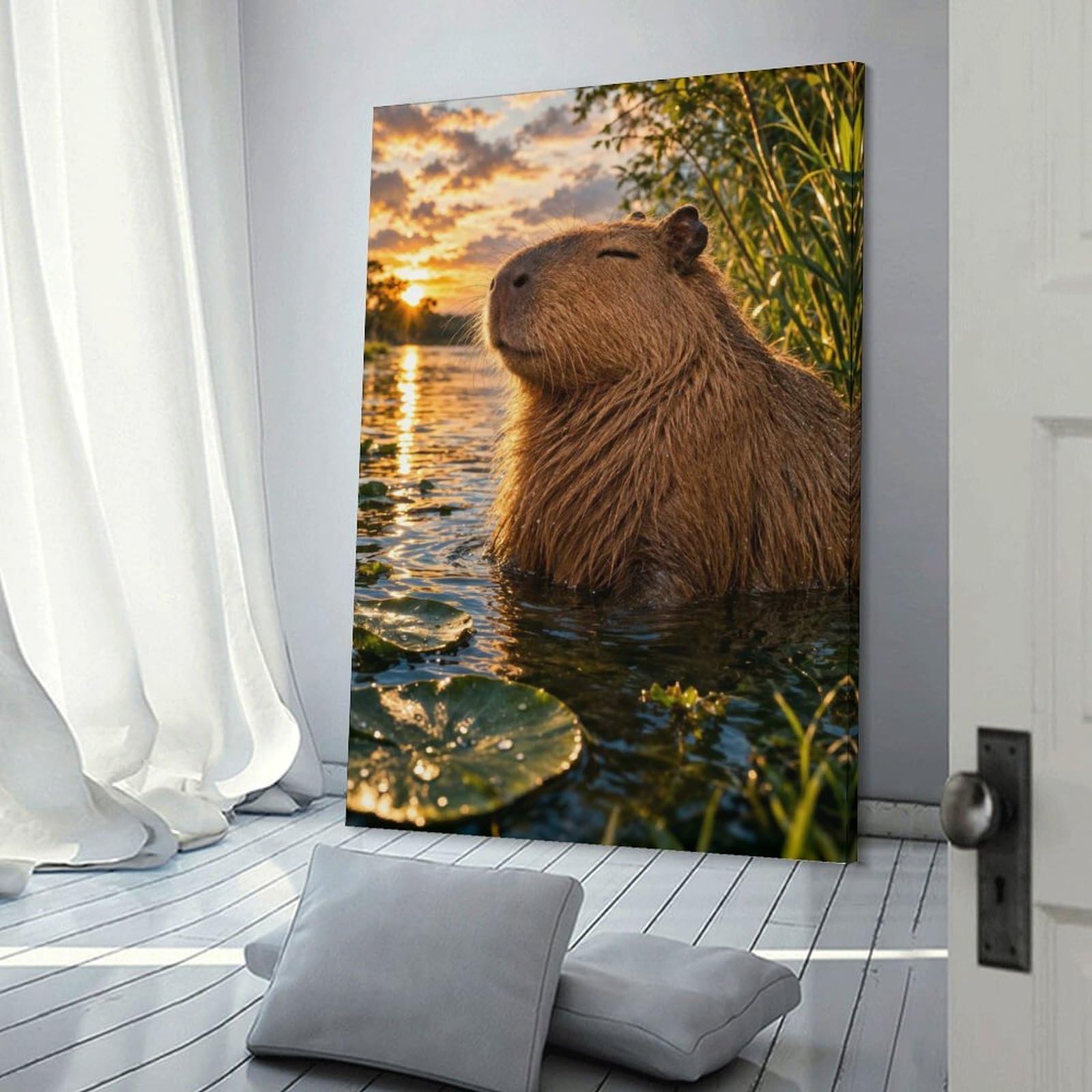 Junmoney Frame-Style-13 Capybara Enjoying A Sunset In Water Canvas Wall Decor, 24X36inch(60X90cm), For Wall Displays, Bedrooms Or Room Updates, Wall Decor Suited To Curated Displays