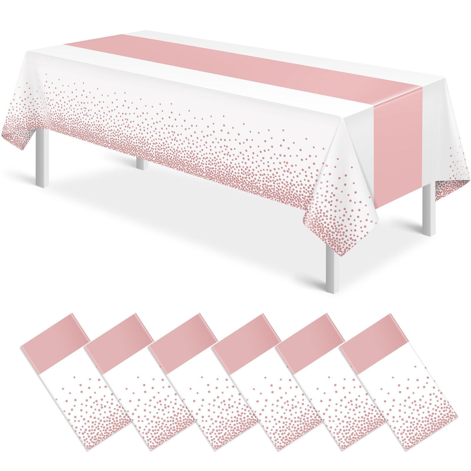 6Pcs White and Rose Gold Tablecloth Party Decorations,Plastic White Table Cloth Printed Rose Gold Table Runner Disposable Rectangle Table Cover for Birthday Anniversary Wedding Grad Party,54 x108 Inch