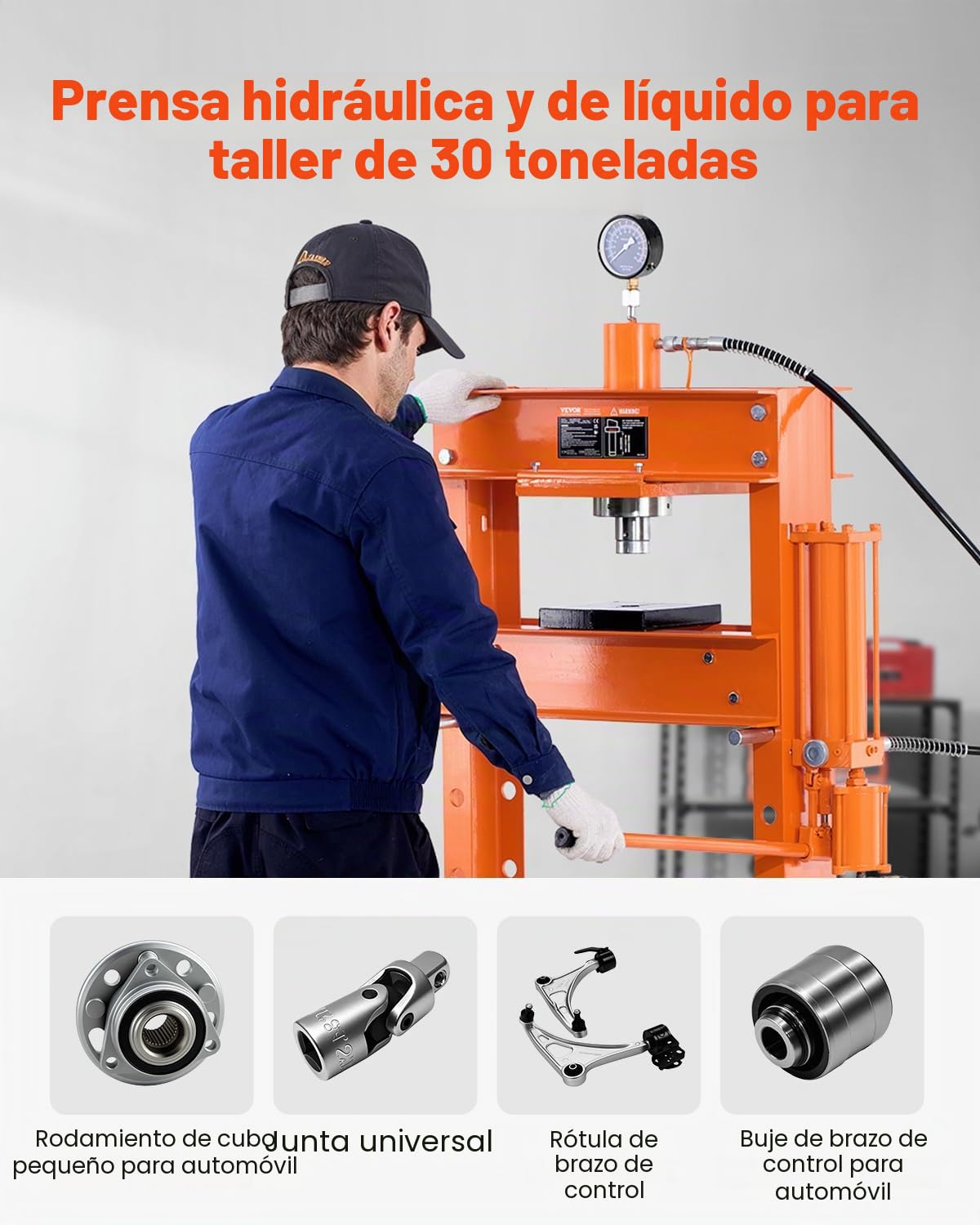 VEVOR Prensa Hidráulica de Taller, con Marco en H de 30 T con Placa de Prensa y Soporte Triangular, para Piso de Garaje Estable con Válvula de Alivio, para Doblar y Enderezar, 855 x 700 x 1750 mm