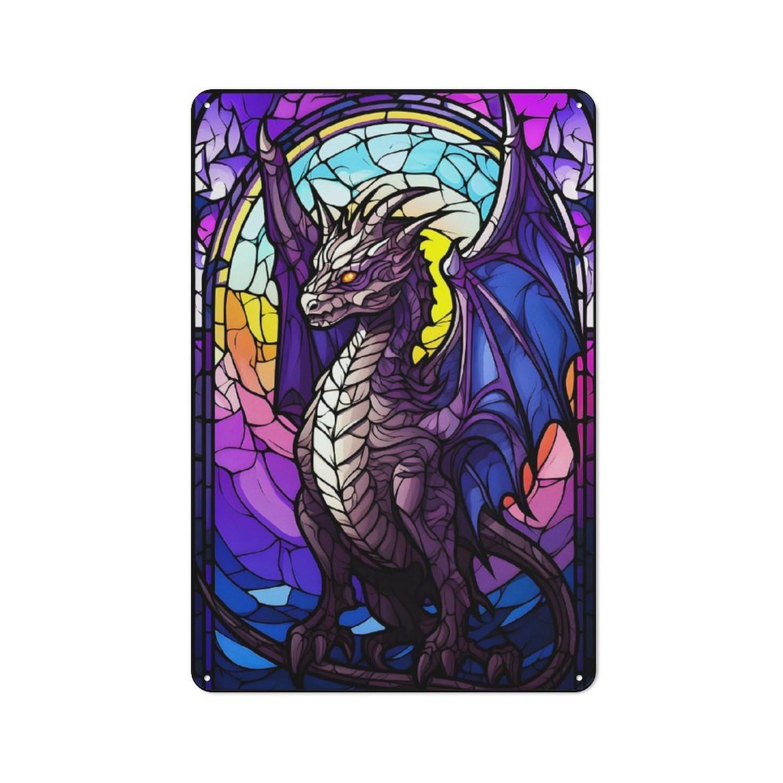 Junmoney Dragon Vibant Stained Glas Vintage Metal Wall Sign 30X20cm For Café Or Restaurant, For Metal Sign Collectors, For Garage And Workshop Walls