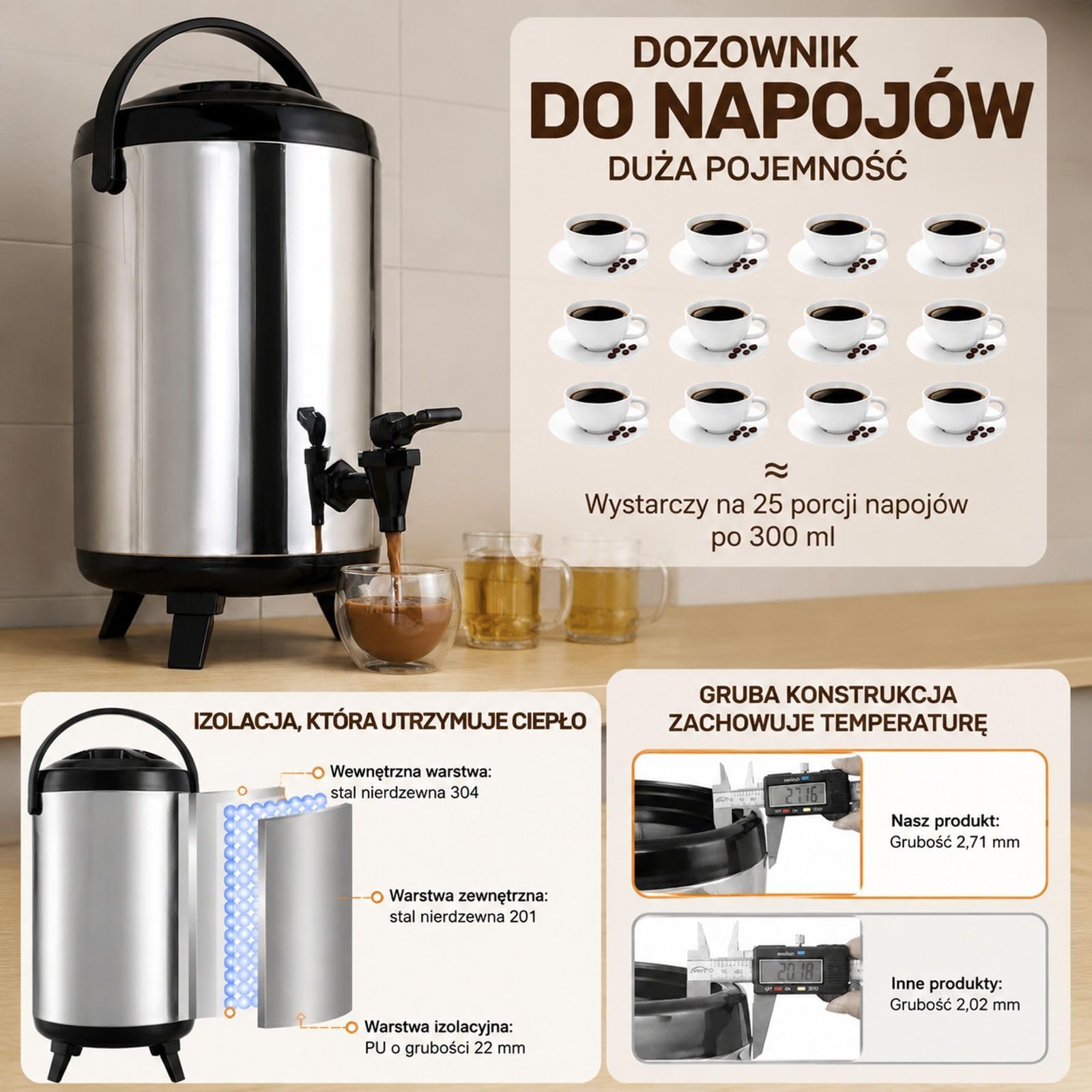 Izolowany dozownik napojów 7,6 L, dzbanek ze stali nierdzewnej z kranem i uchwytem do kawy wody soku kawiarni barów