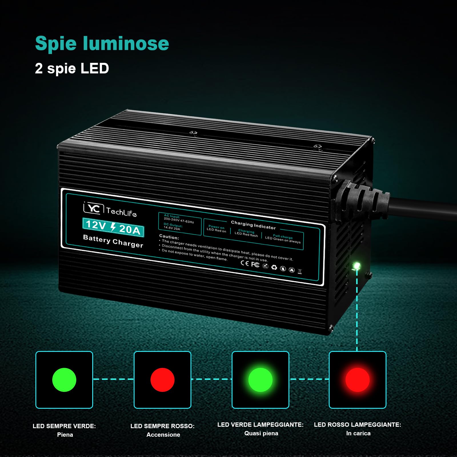 Carica Batterie Litio, 12V 20A Carica Batterie LiFePO4 Compatibile con Connessione Anderson Progettato per la Ricarica di Batterie LiFePO4 a Ciclo Profondo di Auto RV Marine